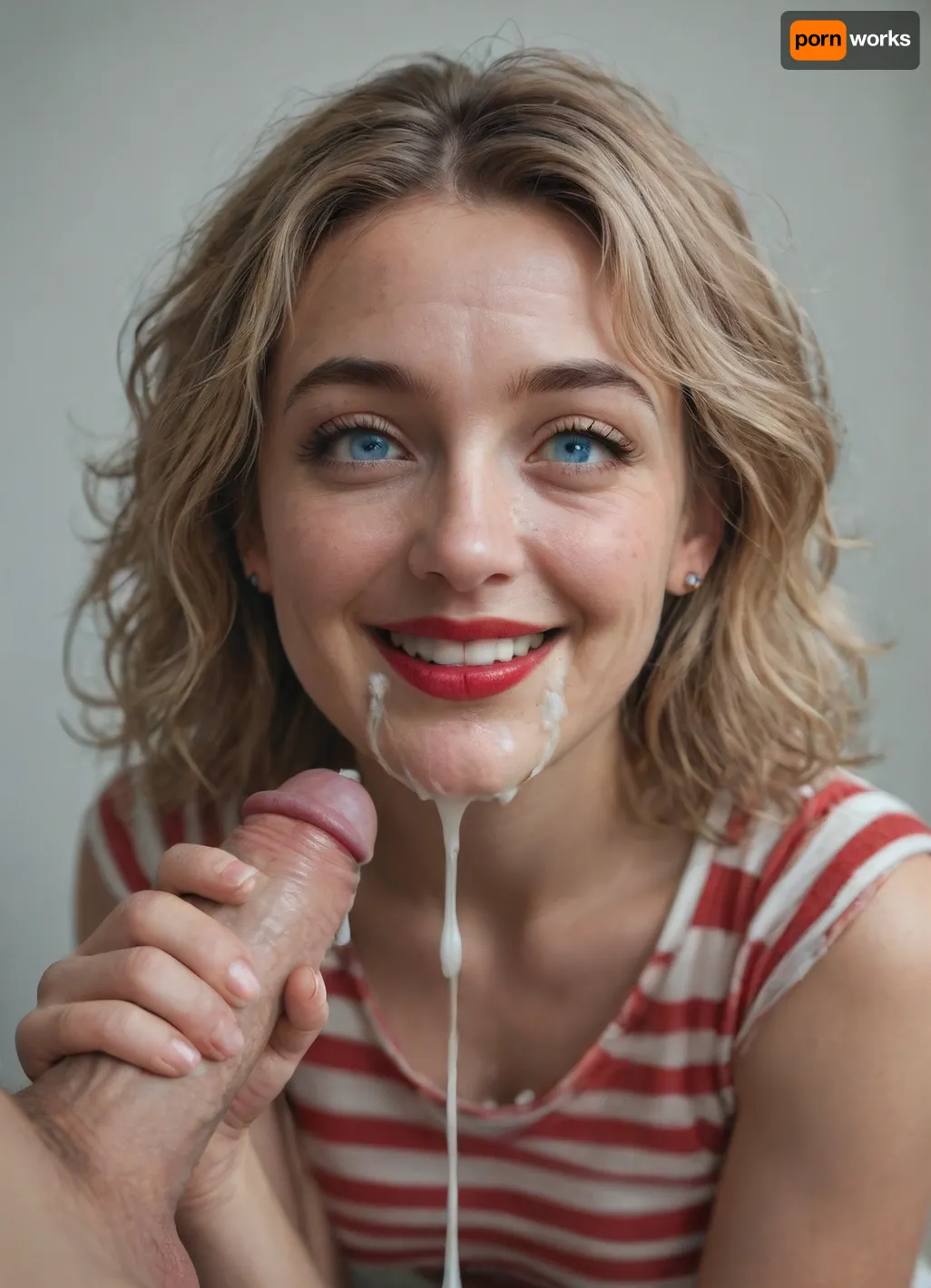 A short fit happy beautiful 30 year old woman with light blonde messy hair, blue eyes, wrinkles around her eyes and mouth, (stringy hair), (wide smile), (round face), thin eyebrows, (droopy eyes:1.2), (cum dripping down her face:1.4), (dimples), (excessive cum:1.3), (clreavage), dark red lipstick, wearing only a red and white striped shirt, (milf), giving a man a handjob blowjob, (full body view), (cum in her mouth), (cum in her hair), (ass up:1.2), (handjob:1.3), (waterwing breasts)
