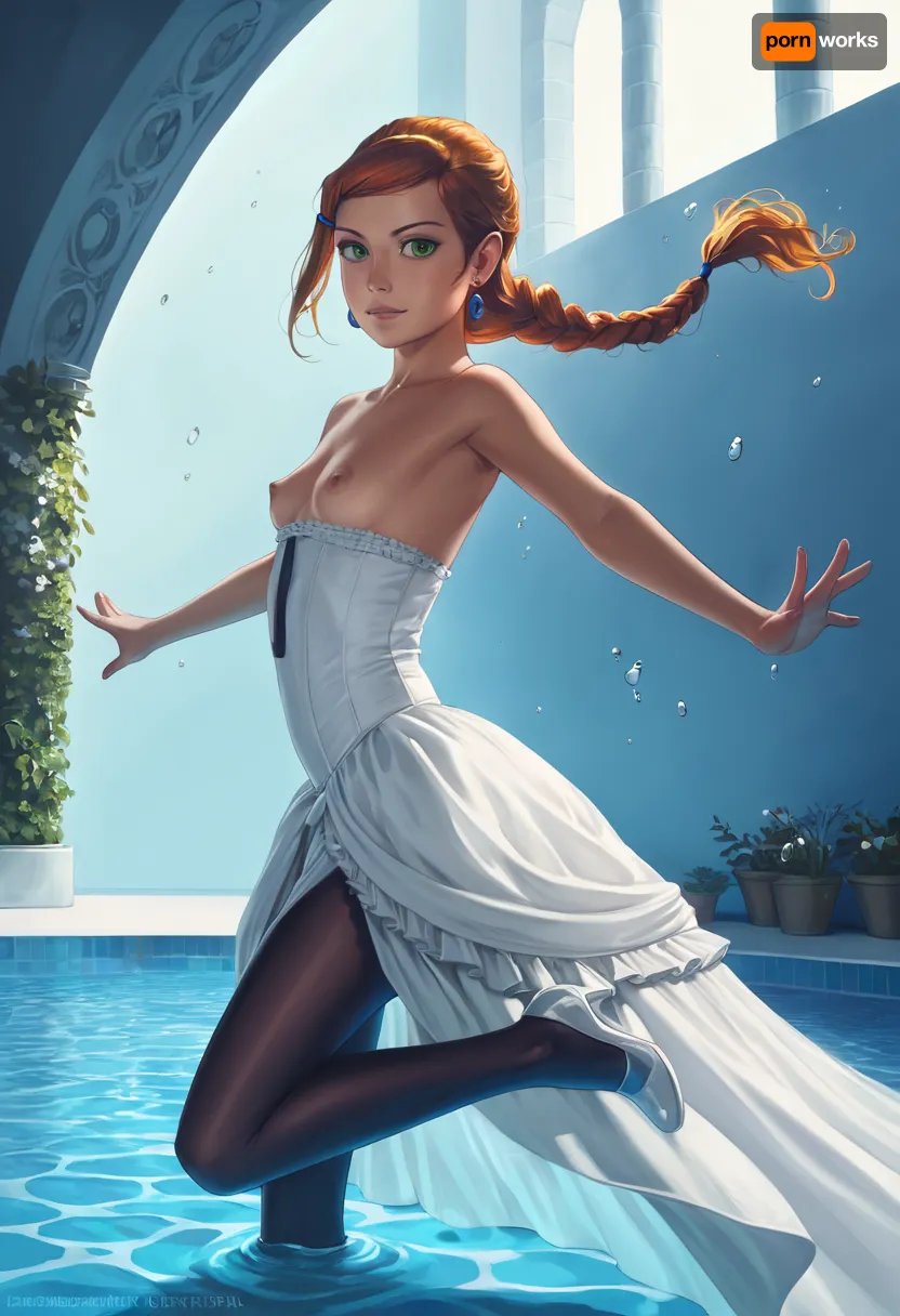 masterpiece, best quality, braided ponytail, photorealistic, 17th century lady, (young woman), (very beautiful), (small natural saggy breasts), deep black skin, curvaceous, Victorian era strapless hoopdress, heaving breasts, exposed breasts, underwater, swimming in the pool of a garden of castle, arched back, raised leg, NEGATIVE_HANDS, hoopdress, (/Ben10), /, (ultra, HD, quality, details), (green, eyes), <lora:bab4d033-acad-4a4e-b6fa-5dda2bad3471.TA_trained:1.7>, <lora:crowd_notrigger:.2>