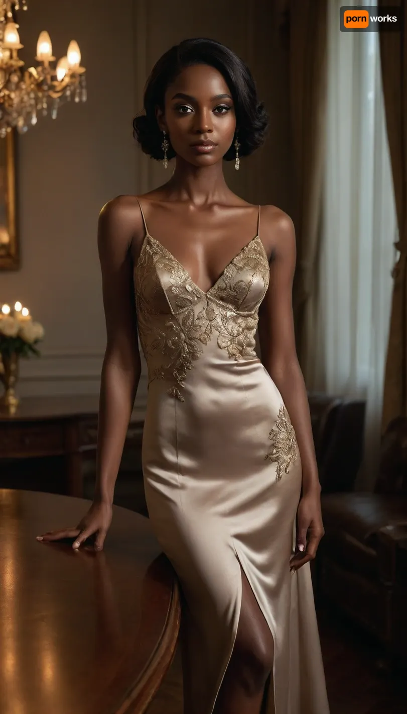 A glamorous dark-skinned woman in an opulent, dimly lit room, leaning elegantly over a polished wooden table while holding a martini glass. She wears elegant, short satin slip dress. The dress is in a soft, muted taupe or light brown color. It features thin, adjustable spaghetti straps that cross slightly at the back. The neckline is a deep V-shape, adding a touch of sophistication.
The most striking detail is the intricate gold floral embroidery that adorns the dress. The embroidery is concentrated on the lower half of the dress, starting just below the waist and extending to the hem. The floral patterns are delicate and ornate, with leaves, vines, and small flowers in gold thread, creating a beautiful contrast against the taupe satin fabric.
The dress has a slightly flared skirt, giving it a playful yet elegant silhouette. The fabric appears smooth and lustrous, reflecting light subtly. The overall design is a blend of modern minimalism and classic elegiance, perfect for a formal event or a stylish evening out. Her long, sleek black hair falls straight down her back. Warm candlelight, crystal chandelier reflections, and heavy draped curtains create a rich, cinematic atmosphere. High fashion editorial style, dramatic shadows, luminous skin, luxurious textures, intimate mood, Vogue-level photography