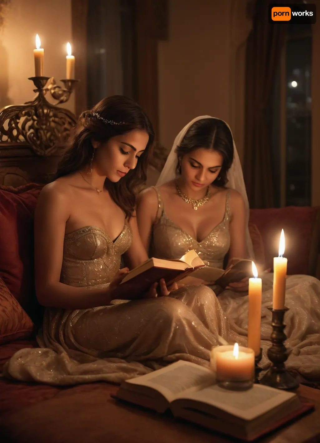 Arabian palace, arabian princess in luxury gown, reading a book to arabian prince sitting on cushion, sensuality, undressing, warm lightning, candles, smoke of incense, realistic, nightly, sensual atmosphere