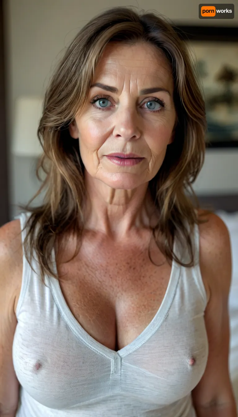 Sagging, ultra realistic, fat older woman wearing a light v-neck sleeveless shirt standing in a modern bedroom, 50yo, milf, brunette, bbw, round face, open mouth, looking at viewer, flirting, blue eyes, (expressive eyes, striking eyes, captivating eyes, mesmerizing eyes), (detailed skin texture, skin imperfections), (age-appropriate skin condition, wrinkles, wrinkled skin, wrinkled face), <lora:style_lora_realis:.8>