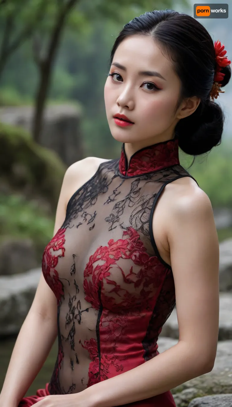 Déesse chinoise ultime submergée par le désir, 24 ans, peau de porcelaine luisante de sueur, yeux noirs immenses fous de luxure, cheveux raides noir corbeau en bataille collés à son visage et seins.

Son qipao rouge sang autrefois élégant est littéralement arraché, déchiré de haut en bas sur le devant, lambeaux pendants qui ne cachent plus rien, fentes latérales éventrées jusqu’à la ceinture cassée, tissu trempé qui colle uniquement là où il reste. Poitrine nue et parfaite, tétons dressés luisants, string rouge déchiré sur le côté, tout exposé sans aucune retenue.

À genoux à moitié assise sur les marches froides d’un tronçon désert de la Grande Muraille au crépuscule profond, une main écartant le dernier bout de tissu, l’autre entre ses cuisses, dos cambré à l’extrême, bouche ouverte dans un gémissement silencieux, regard caméra qui vous consume vivant.

Éclairage dramatique rougeoyant du soleil mourant, lambeaux de soie comme du sang, sueur et brume partout, hyperréaliste 16k, détails crus et parfaits, érotisme absolu sans limite