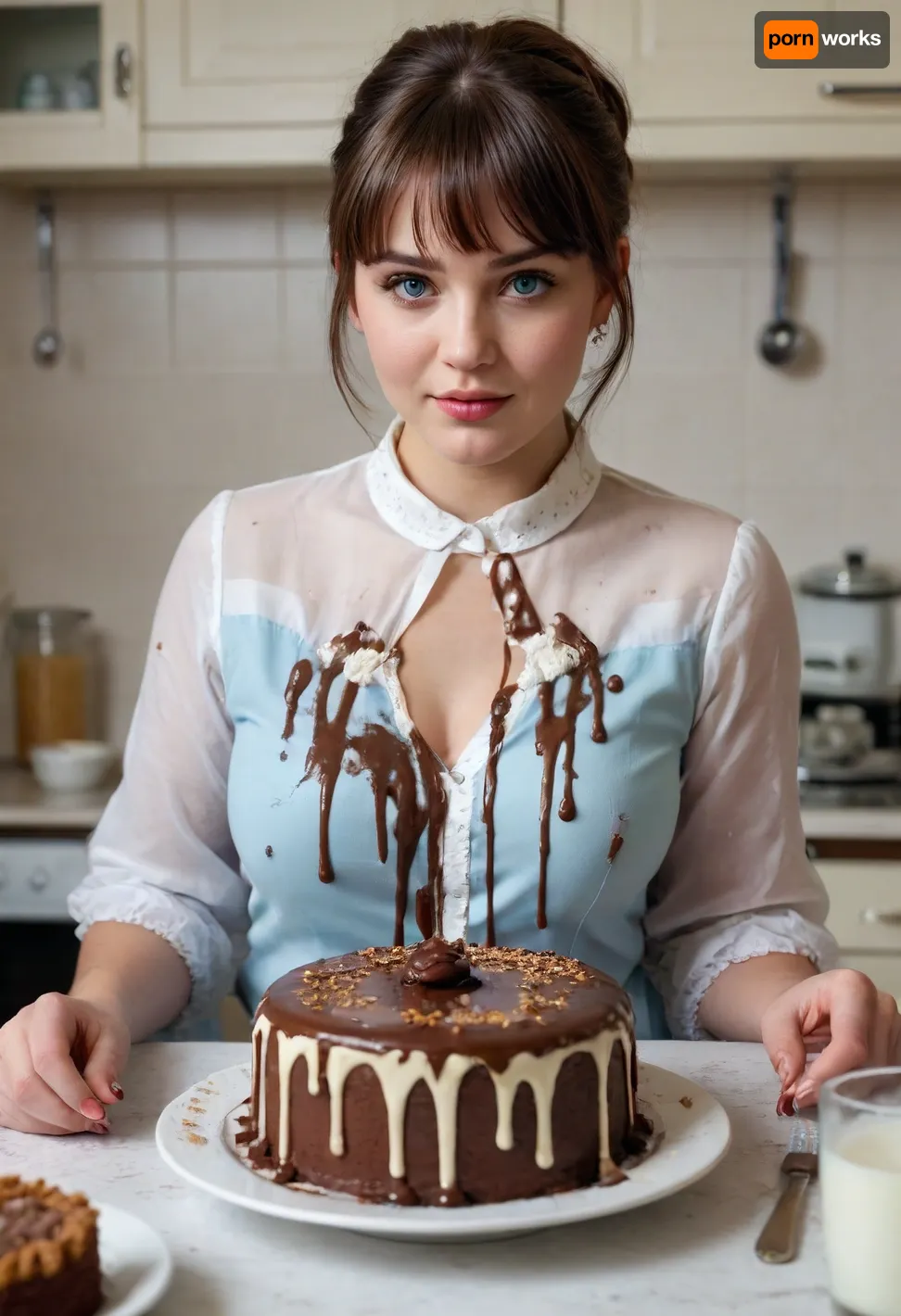 Realistic style, realistic facial features, single 20-year-old woman, straight brown hair, ice-blue eyes, short haircut with fringe, white tight-fitting semi-open blouse, gold embroidery. In a kitchen, chubby figure, plump, overweight, large bust, tight clothing, large table with cakes and pies, glass of milk, table covered in cake crumbs and milk, blouse splattered with chocolate sauce and cream, face splattered with chocolate sauce and cream, mouth splattered with chocolate sauce and cream. Hands splattered with chocolate sauce and cream. She is a piece of cake., <lora:Chubby BBW - XL:1.6>