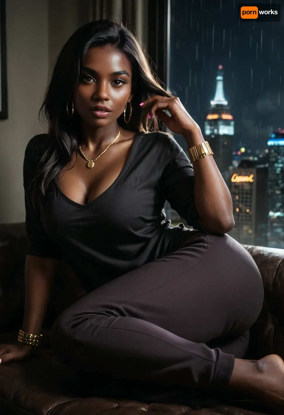 Upper body shot, Masterpiece, Ultra detailed, High res, High resolution, 1girl, solo, (African-American woman), (black woman), with perfect feet, beautiful face, (round shaped face:1.4), (round face), 35 year-old black milf, perfect skin, smooth skin, long black hair, long hair, (perfectly straight hair:1.4), hair down, large red lips, (full lips), (full cheeks), (defined jawline:1.2), perfectly manicured pink fingernails, beautiful, (dark brown eyes), thin arched eyebrows, detailed eyes, detailed hair, detailed lips, gold hoop earrings, gold necklace, gold watch, gold bangles bracelet, (Large DD-cup naturally Perky breasts), (large round ass:1.2), (wide hips), (thick thighs:1.2), (Fully clothed:1.6), (grey sweatpants), (loose dark grey sweatpants), (sweat pants), a loose mid-sleeve black button down linen shirt that is slightly transparent, semi-transparent black shirt, black laced bra, barefoot, Relaxing on a large sectional sofa, laying on her side on comfortable sofa, Modern high-rise apartment interior, New York City skyscraper, nighttime city skyline outside, rain streaking down large windows, deep night darkness beyond the glass, (lights mostly off), low-key moody atmosphere, cinematic style, cool lighting, medium contrast, subtle rim lighting, cool television glow as the primary light source, realistic shadows, cool color grade, filmic lighting, dark, chiaroscuro, low-key, <lora:zavy-cntrst-sdxl:.3>, <lora:dark:.1>