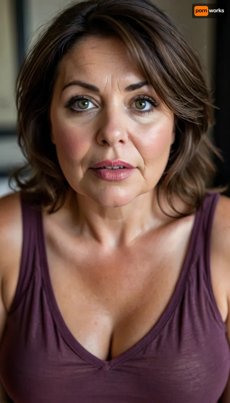 Sagging, ultra realistic, chubby milf wearing a v-neck sleeveless shirt standing in a modern bedroom, 50yo, milf, dark hair, bbw, round face, open mouth, looking at viewer, flirting, light eyes, (expressive eyes, striking eyes, captivating eyes, mesmerizing eyes), (detailed skin texture, skin imperfections), (age-appropriate skin condition, wrinkles, wrinkled skin, wrinkled face:.5), <lora:style_lora_realis:.8>