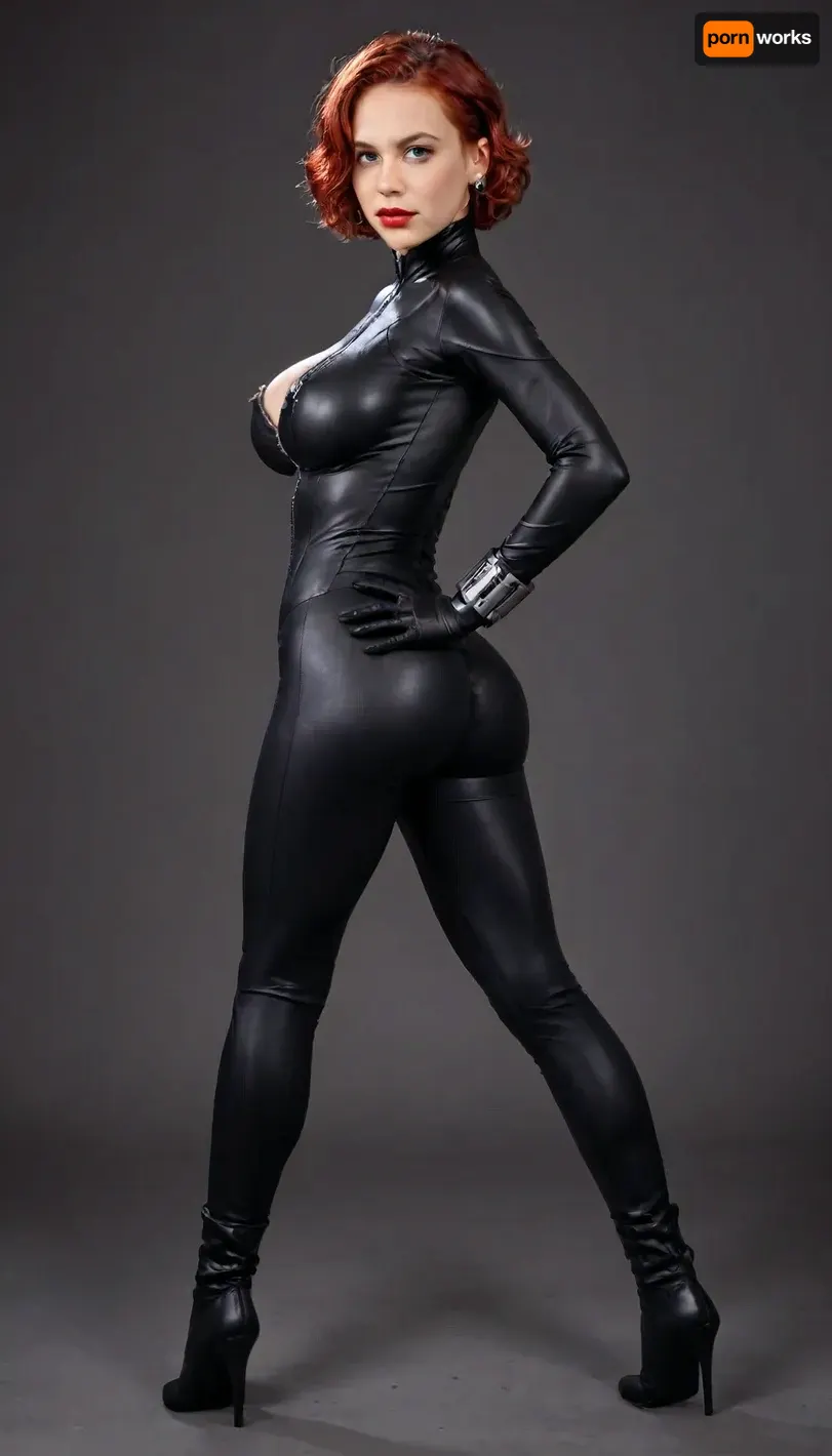 Marvel_Black_Widow, 1girl, score_9, score_8_up, smooth_anime, red hair, short hair, high quality eyes, perfect eyes, green eyes, source_cartoon, uncensored, huge saggy breasts, skin tight black bodysuit, cleavage to naval, zipper, sexy, posing, mouth open, one eyebrow raised, standing, hands on hips, full body portrait, focus on nude ass, black gloves, silver bracers, four fingers, black background, red backlight, ((big tits)), ((petite)), full-size view, full length image, full view, very sexy pose, rear view