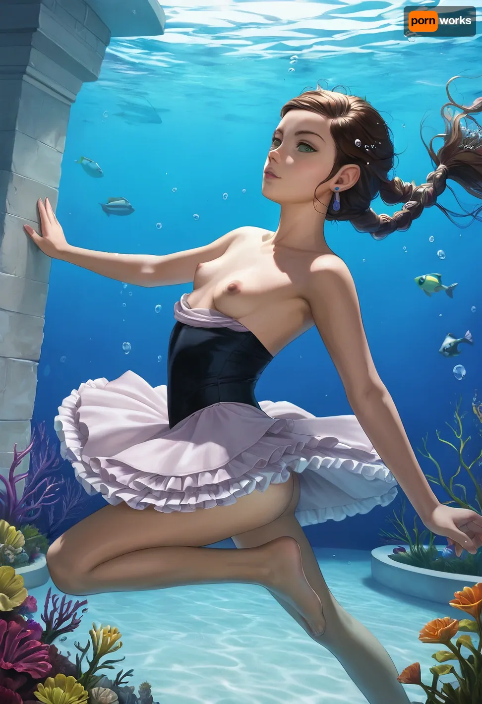 masterpiece, best quality, braided ponytail, photorealistic, 17th century lady, (young woman), (very beautiful), (small natural saggy breasts), deep black skin, curvaceous, Victorian era strapless hoopdress, heaving breasts, exposed breasts, ((underwater)), swimming in the pool of a garden of castle, arched back, raised legs, NEGATIVE_HANDS, hoopdress, (/Ben10), /, (ultra, HD, quality, details), (green, eyes), <lora:bab4d033-acad-4a4e-b6fa-5dda2bad3471.TA_trained:1.7>, <lora:crowd_notrigger:.2>