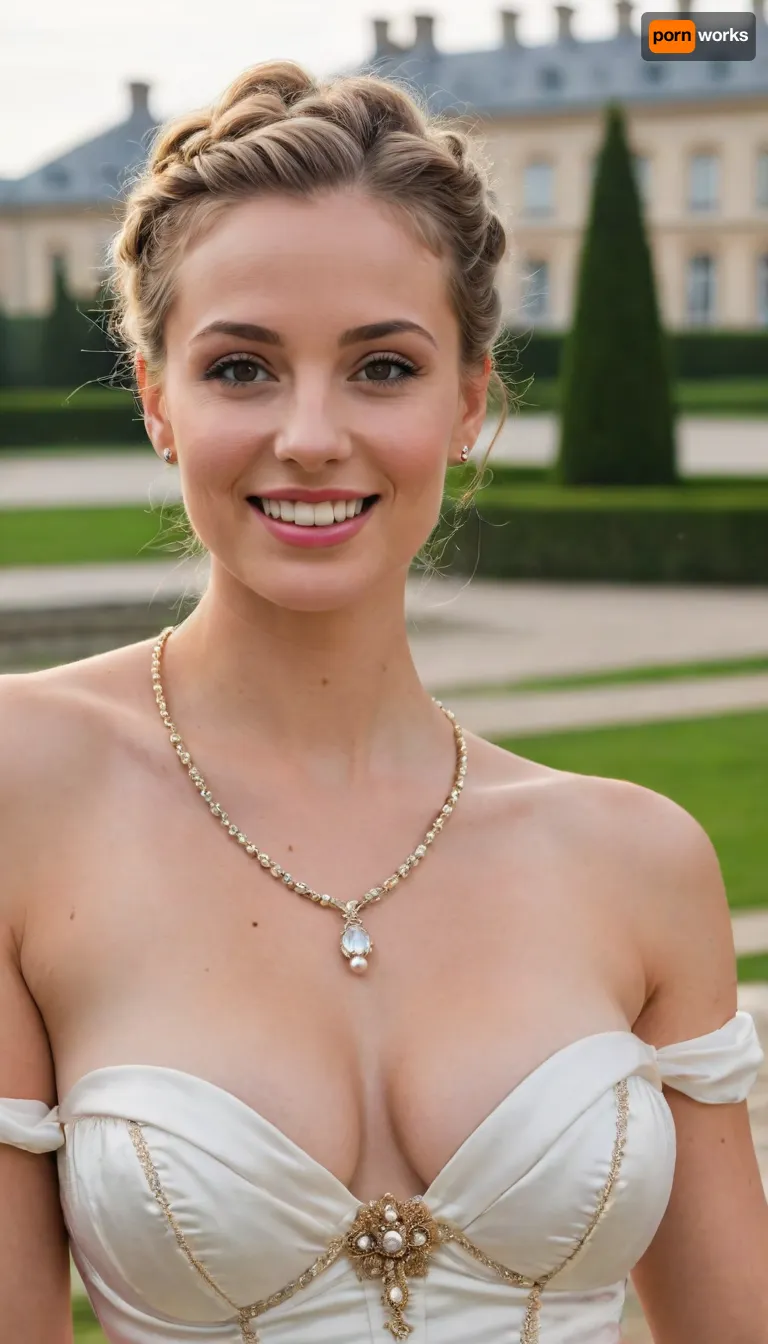 (((Closeup portrait))), photo of, 2women, german woman, gorgeous 30 yr old mature, light brown blonde hair, (hair in braided updo), snuggling up to camera, on a date outdoors in the gardens of versailles palace, smiling, (detailed face), beautiful eyes, (((big cleavage))), (horny look), slim, skinny, (((wearing sexy off white satin rococo ball gown))), ((and a little smile please)), detailed skin, pores, moles, (((Looking at the camera smiling))), Masterpiece photo 8K UHD, (((jewelry))), ballgown, wearing, a, 18th century, corset