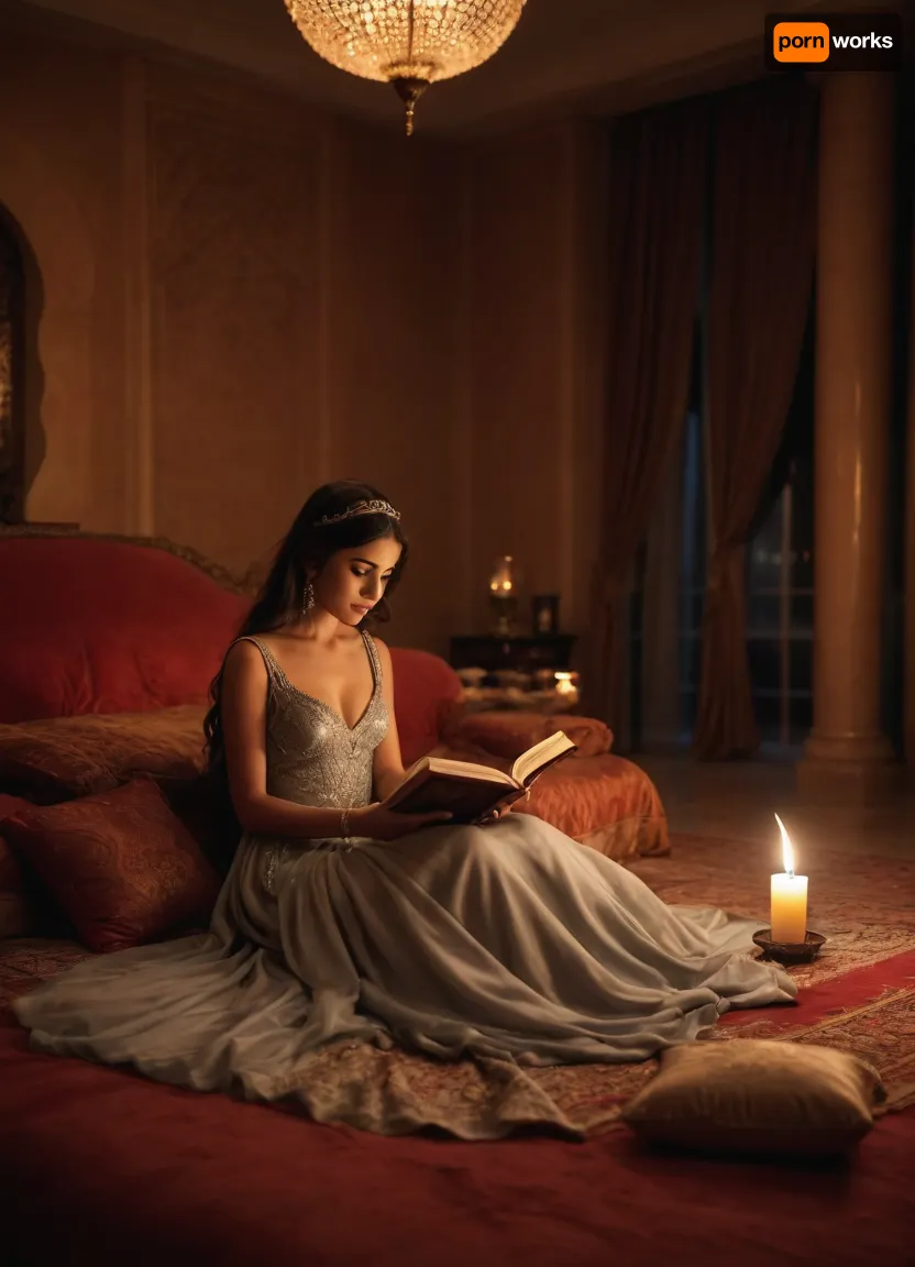 Arabian palace, arabian princess in luxury gown, reading a book to arabian prince sitting on cushion, sensuality, undressing, warm lightning, candles, smoke of incense, realistic, nightly, sensual atmosphere
