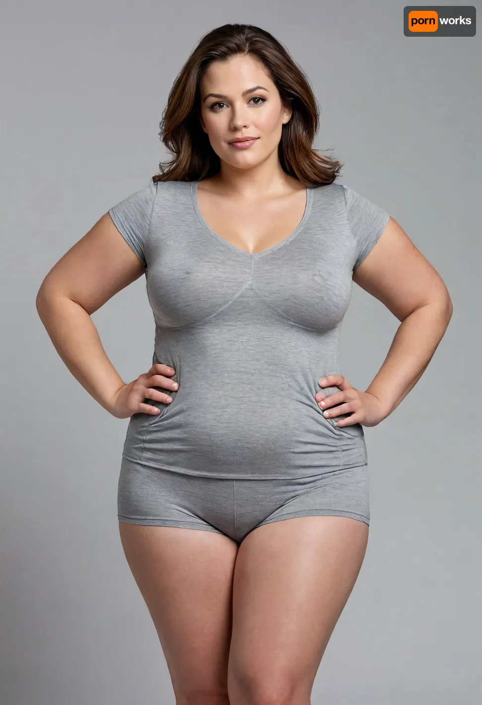 1mom, Full figured, Housewife, 45yo, curvaceous, mature woman, white T-shirt, heather grey shorts, fabric impression, subtle contour, faint outline, texture, clothing silhouette, soft material tension, gentle fabric pressure, natural body shape, realistic fabric behavior, thin stretch fabric hugging contours, soft fullness, natural ptosis, relaxed sagging shape, squishy volume, gentle cleavage, rounded abdomen, draped fabric hinting bust shape, side contour bust profile, mature bust realism, torso curvature, plush lower torso, soft contour, gentle fullness across hips, thick shapely thighs, natural softness, complementary stance, soft hourglass silhouette, hips wider than waist, natural body proportions, full rounded hips, outward curve, balanced figure, naturally curvy figure, cinched waist, balanced proportions, ample bust, gentle drape, age-appropriate physique, photorealistic, plus-size figure, tight stretch fabric, natural body shape impression, tasteful outfit, confident stance, natural realism, puffy lips