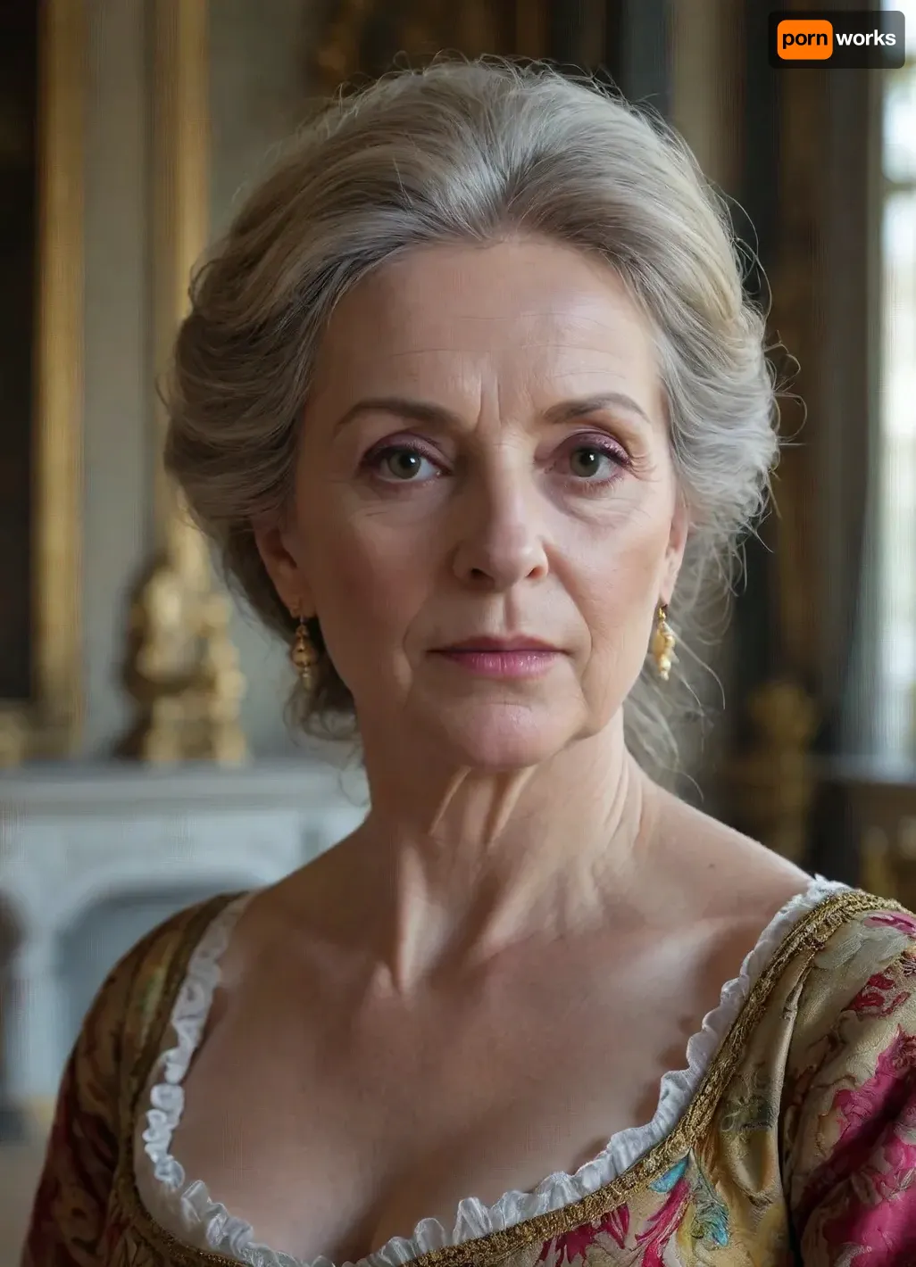 ultra-realistic, 8K HD, thin 60-years old woman, detailed face, detailed hair, in Versailles Castle