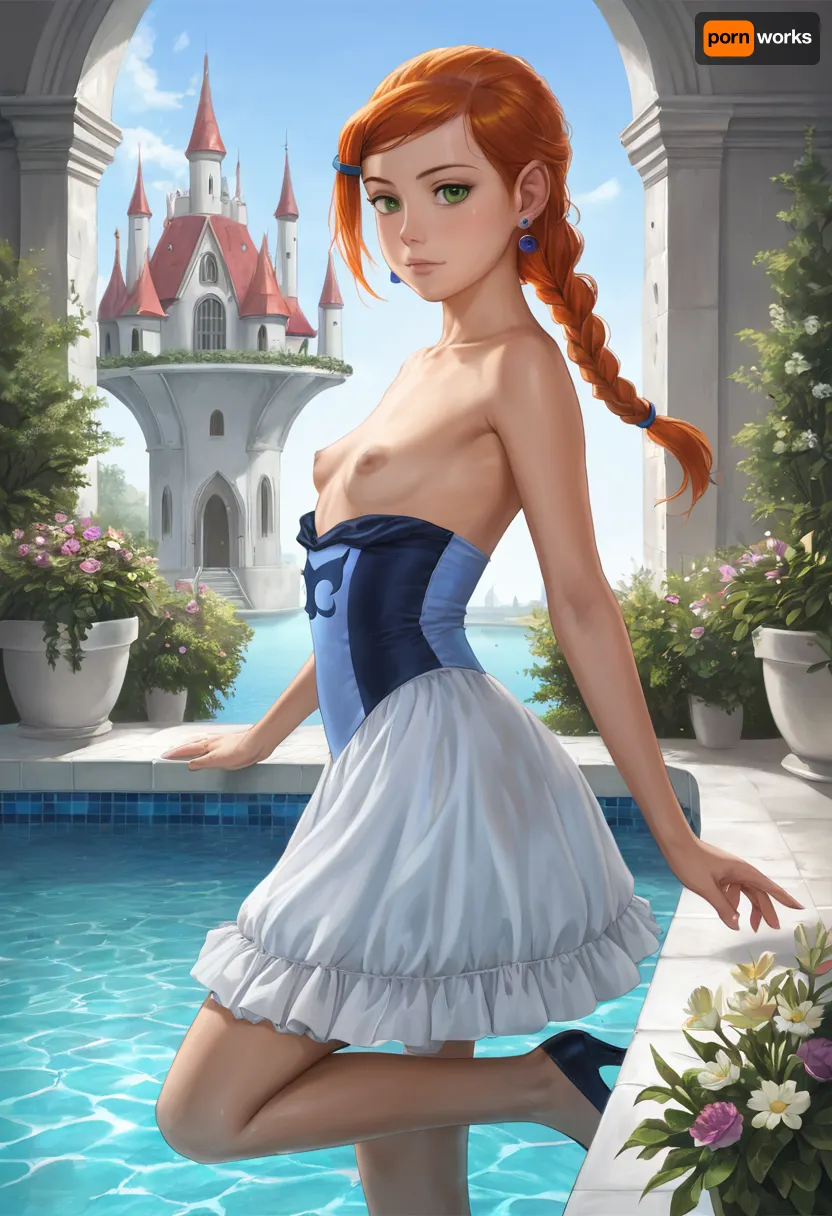 masterpiece, best quality, braided ponytail, photorealistic, 17th century lady, (young woman), (very beautiful), (small natural saggy breasts), deep black skin, curvaceous, Victorian era strapless hoopdress, heaving breasts, exposed breasts, underwater, swimming in the pool of a garden of castle, arched back, raised leg, NEGATIVE_HANDS, hoopdress, (/Ben10), /, (ultra, HD, quality, details), (green, eyes), <lora:bab4d033-acad-4a4e-b6fa-5dda2bad3471.TA_trained:1.7>, <lora:crowd_notrigger:.2>