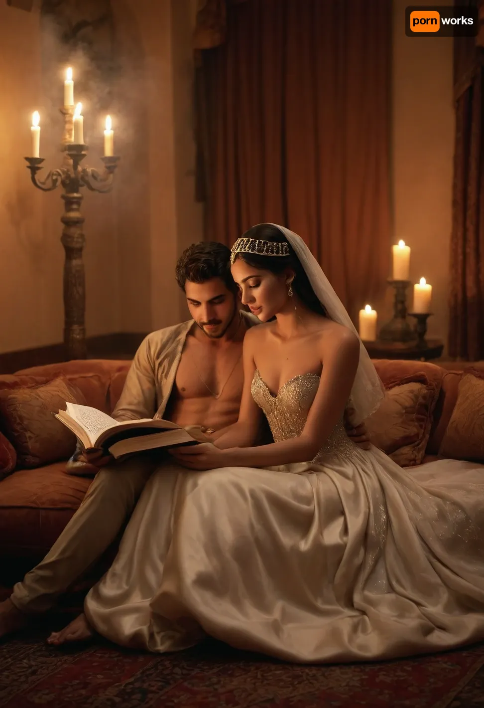 Arabian palace, arabian princess in luxury gown, reading a book to arabian prince sitting on cushion, sensuality, get each other naked, warm lightning, candles, smoke of incense realistic, nightly, sensual atmosphere