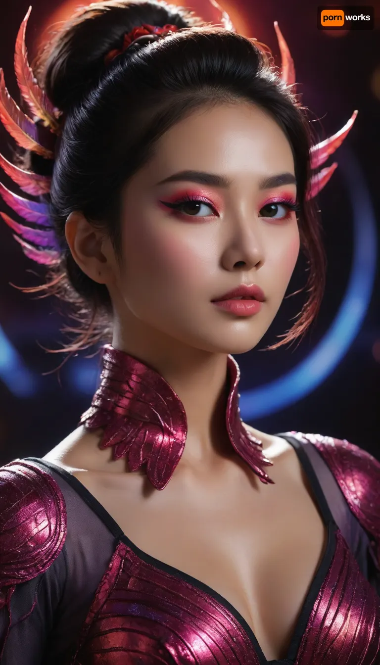 (Full view including boots), . High-fantasy mythic aesthetic, celestial grandeur, detailed textures, luminous magical effects, volumetric god-rays, ethereal glow, crystalline highlights, deep shadow contrast, legendary scale, painterly high-fantasy realism. Character, 45-year-old Korean woman with elegant, powerful, divine presence. Black hair in an intricate chignon bun with soft bangs and long hair cascading down her back. Intensified makeup, bold reds and purples with neon highlights, holographic sheen, luminous sci-fi accents around eyes, temples, and cheekbones, glowing eyeliner, radiant inner-eye shimmer, prismatic lips, cosmic highlighter. Regal posture, heroic expression. Ornate rune-engraved armor with glowing sigils, enchanted fabrics, shimmering filigree, radiant hair-edge glints, luminous mythic eyes, emotional magical aura, starlight reflections across skin and armor. Footwear, celestial winged boots—sleek moonlight-forged metal, iridescent feather motifs sweeping from the ankles, glowing runic trims, kinetic wing-shapes emitting soft neon luminescence. Highly detailed craftsmanship, integrated magical glow, seamless with her armor. Materials, moonlight-forged metal, opal sheen, iridescent accents, celestial silver, translucent crystalline edges, starlight-woven cloth, polished luminous surfaces, glowing enchanted gemstones.Environment, sweeping celestial landscape, floating ruins, sacred altars, cosmic particles, drifting stardust, enchanted fog, moonlit silver mist, rolling nebula clouds, layered starfields, rich atmospheric depth. Cinematic camera, full-body hero shot, ultra-sharp focus, high-resolution fantasy photography, dynamic powerful angles, dramatic perspective, soft diffusion bloom, deep bokeh, crisp rim-lighting, detailed foreground particles, immersive spatial clarity. General style enhancers, mythic epic quality, rich color grading, celestial palette, glowing highlights, elegant composition, divine symmetry, majestic presence, high-fantasy atmospheric drama, SDXL detail. Ultra-glam neon cyber-fantasy makeup, high-fashion editorial intensity, futuristic glow aesthetics. Eyes, hyper-saturated neon pigments—electric red, ultraviolet purple, neon magenta, holo-blue, plasma-glow winged eyeliner, prismatic gradient shadow, luminous inner-eye halo, metallic and iridescent lower-lid accents, micro-spark shimmer, reflective chrome mascara. Face, sculpted cheeks with neon blush gradients, holographic highlighter on cheeks and temples, neon contour accents, faint luminescent circuitry patterns, polished starlight-reflective skin. Lips, high-shine lacquered neon red, cosmic purple, or iridescent hologram, subtle glowing edge-light, mirror-gloss finish.
Brows, glossy, shaped, subtly luminous with soft neon reflections. Overall finish, editorial cyber-fantasy sheen, multidimensional glow mapping, radiant micro-glitter dust, chromatic neon reflections, futuristic beauty aesthetic, clean blending, cosmic glamour. sci-fi styling.