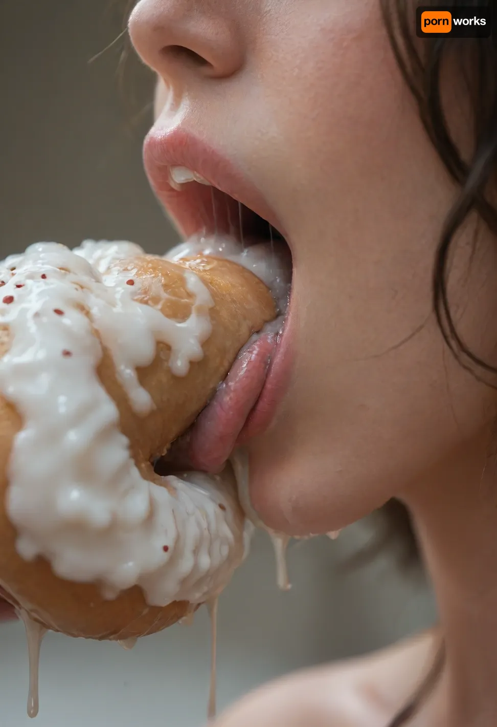 big iced donuts blowjob, licking an huge creamy donuts, sucking a large amount of cream from a donuts, dripping donuts cream, close up, focus on lips, extreme close up, side view, cum in mouth, sucking, cock, <lora:cockteaseLoRASDXL:.5>