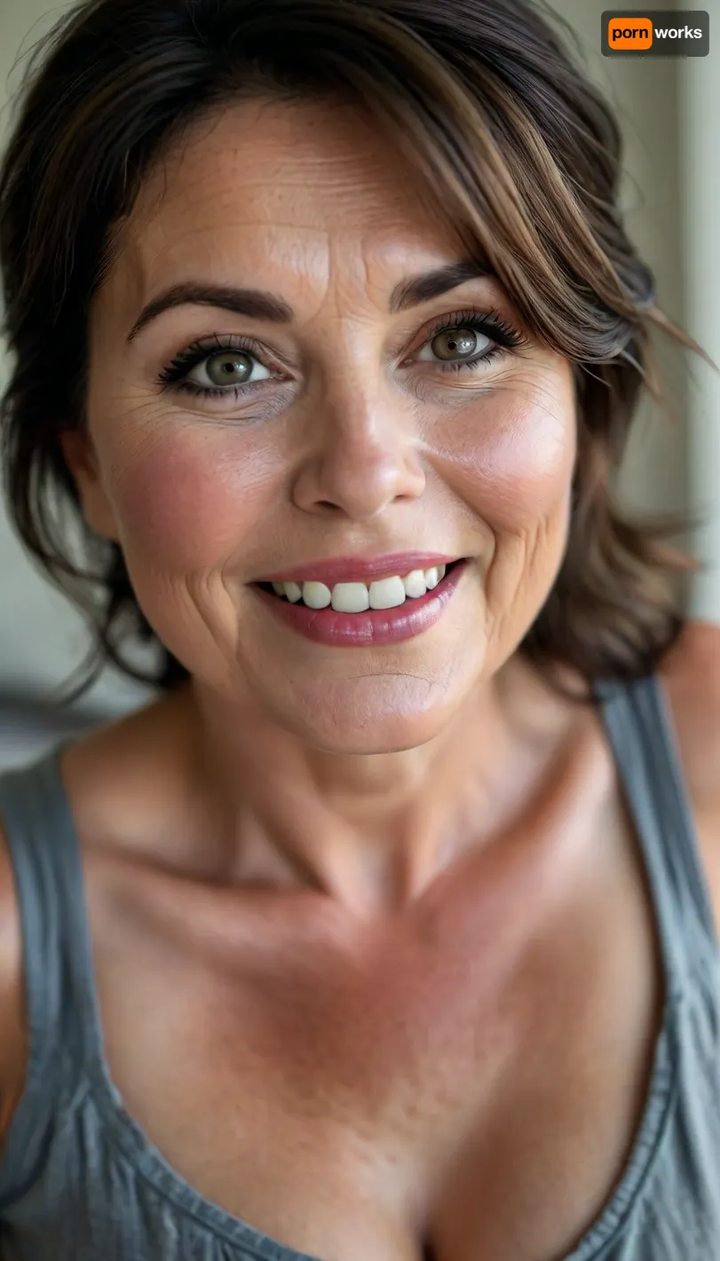 Sagging, ultra realistic, chubby milf wearing a v-neck sleeveless shirt standing in a modern bedroom, 50yo, milf, dark hair, bbw, round face, open mouth, looking at viewer, big smile, flirting, light eyes, (expressive eyes, striking eyes, captivating eyes, mesmerizing eyes), (detailed skin texture, skin imperfections), (age-appropriate skin condition, wrinkles, wrinkled skin, wrinkled face:.5), <lora:style_lora_realis:.8>