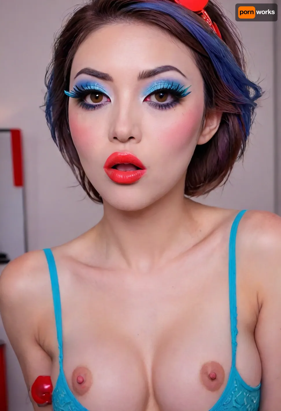 The image shows a yo girl, (Japanese:1.7), She is wearing a sleeveless grey dress with decorative nipple cutouts., (bright lighting:1.2), beautiful detailed eyes, extremely detailed face, perfect lighting, best quality, steel pipe indide pussy, solo, ((anus)), She has long, wavy brown hair and is smiling while applying red lipstick. She holds a red lipstick in one hand and a compact mirror in the other, which is partially open. Red sunglasses rest on top of her head, and she has pinky-red nail polish, matching her lipstick. The background is plain and light-colored, emphasizing her as the focal point., ((makeup:1.5), long blue eyelashes with eyeliner:1.2), (big lips:1.3), (purple pussy:1.1), ruined, makeup, green, eyes, blue, brown, perfecteyes, heart_areola, <lora:ruined1:1.4>, <lora:PerfectEyesXL:.9>, <lora:Heart_Areola_Nipple_SDXL:2>