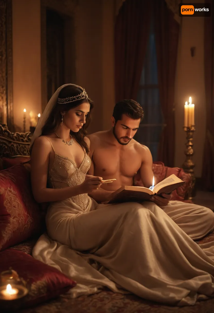 Arabian palace, arabian princess in luxury gown, reading a book to arabian prince sitting on cushion, sensuality, get each other naked, warm lightning, candles, smoke of incense realistic, nightly, sensual atmosphere