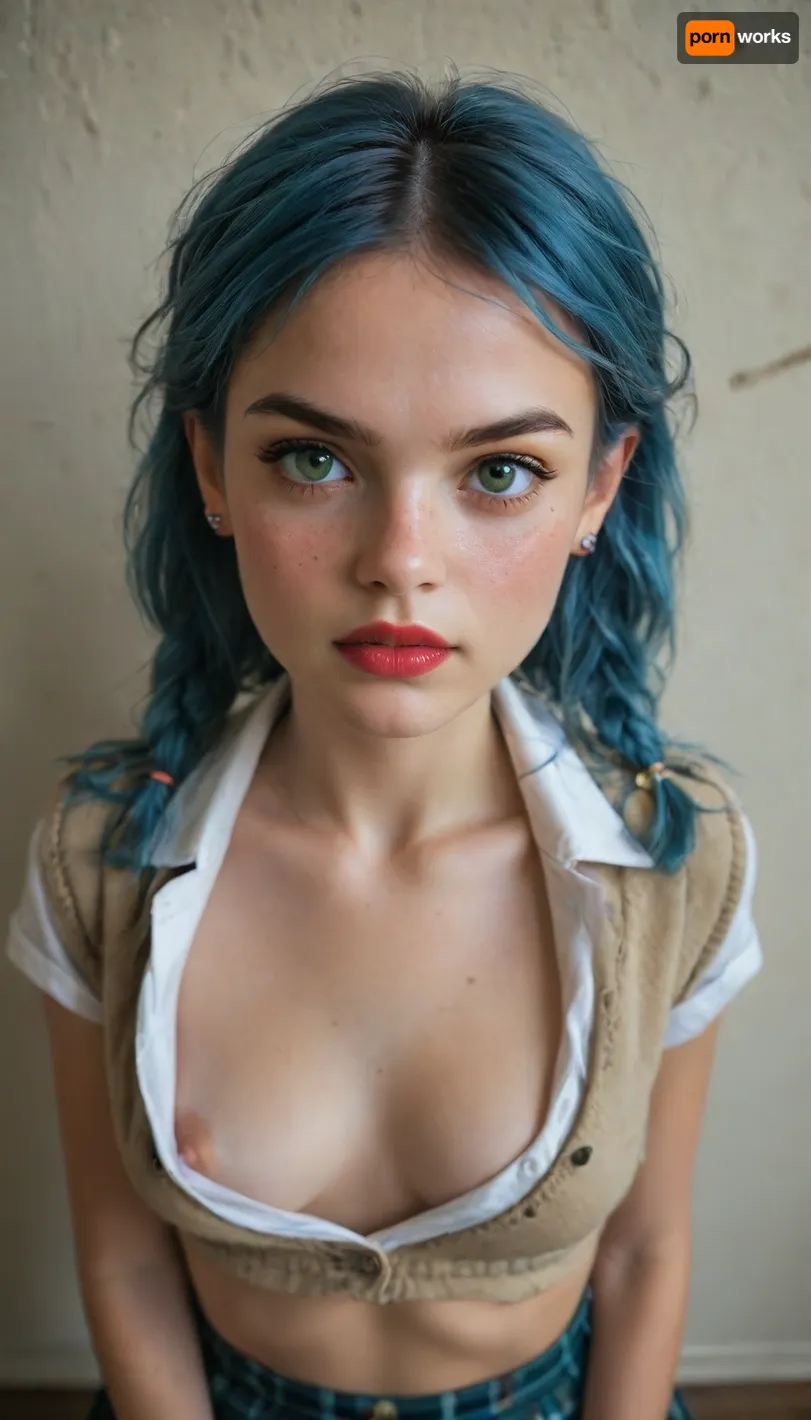 view from above, 18yo beauty, cute, green eyes, red lipstick, freckles, (very petite:1.8), angry, detailed HD pretty innocent beautiful face, pale skin, long pink and blue hair, pigtails, messy plaid School uniform, cleavage, big breasts, freckles on breasts, ((nipslip)), supermodel, face, big, lips, <lora:Beautify-Supermodel-SDXL:.8>, <lora:epicNewPhoto:.8>