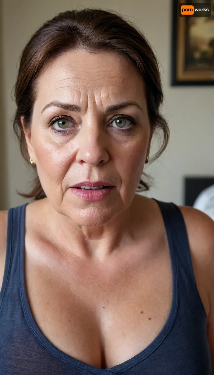 ultra realistic, fat older woman wearing a tight v-neck sleeveless shirt standing in a modern bedroom, 50yo, milf, brunette, bbw, round face, open mouth, looking at viewer, flirting, (expressive eyes, striking eyes, captivating eyes, mesmerizing eyes), (detailed skin texture, skin imperfections), (age-appropriate skin condition, wrinkles, wrinkled skin, wrinkled face)