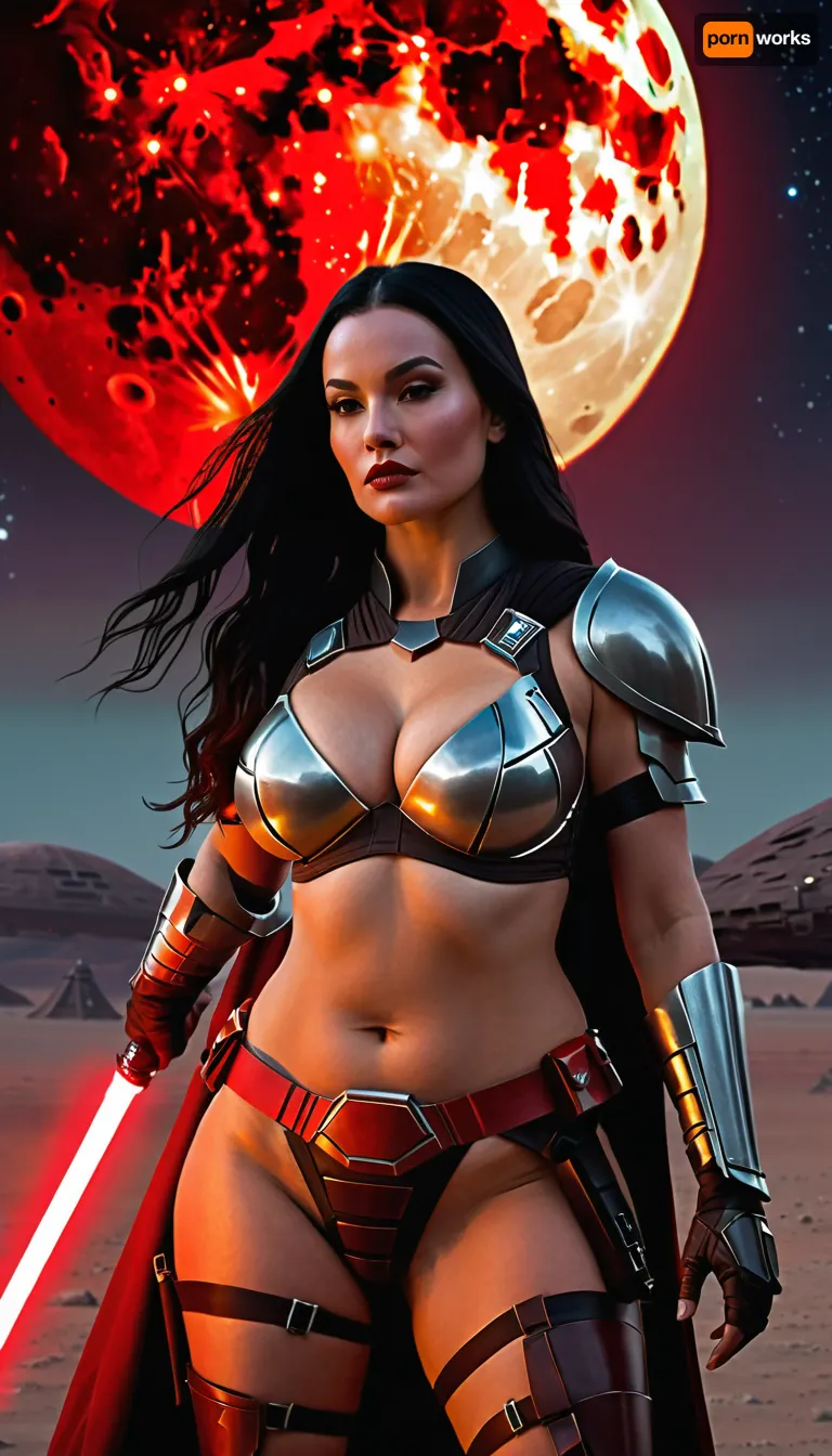 A chubby Mandalorian, (hourglass waist), long black hair, medium breasts, shaved vagina, large and perfect buttocks, wearing revealing sexy black armor, (no bra, no armor panties), with red details, pale white skin on display, on the moon, with a spaceship in the background, wielding a red lightsaber. D&D, fantasy, highly detailed, digital painting, ArtStation, sharp focus, fantasy art, illustration, 8K, in the style of Greg Rutkowski. It is an absolutely magnificent work of art. An aesthetically pleasing piece, with impeccable attention to detail and impressive composition.