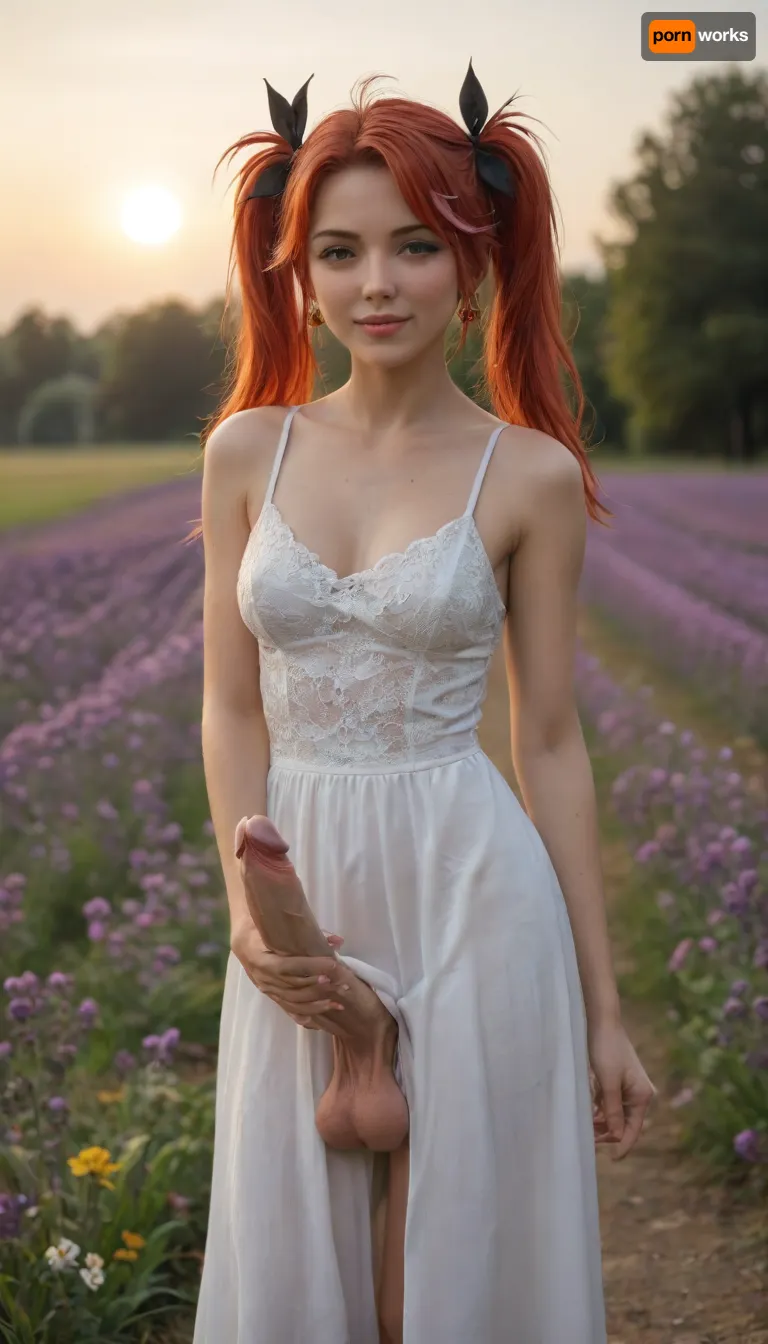 masterpiece, best quality, good quality, very aesthetic, absurdres, newest, 8K, depth of field, bokeh, prinz eugen, (azur lane), twin tails, amber eyes, black eyeliner, peaceful smile, white linen dress, walking through endless purple lavender field, provence sunset, golden hour, warm orange-purple sky, ultra detailed flowers, detailed dress, futanari, mastrubation, erect penis, hard penis, sagging testicles, veiny cock, leaking precum, throbbing cock