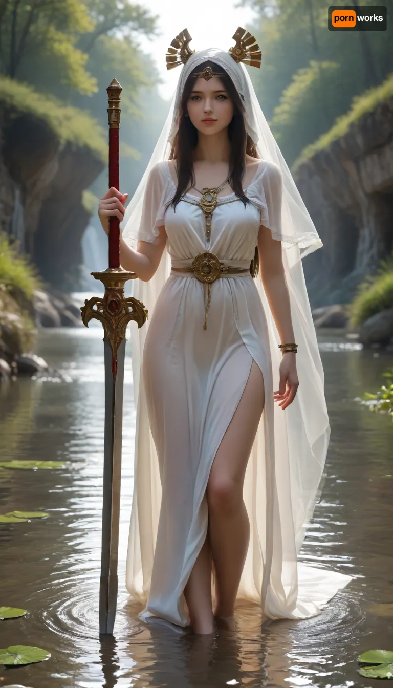 Masterpiece, hyper-realistic, hyper-defined anatomy, full_image_view, 4k resolution, extreme wide shot, extreme long shot, Ancient Priestess of Water, Nimue the lady of the lake, emerges from the middle of a lake, she is holding the legendary great sword Excalibur, (both of her hands are clasping the hilt, (her right hand is above her left hand), and her left leg is wrapped around the front of the blade), in front of her and the blade is pointed down