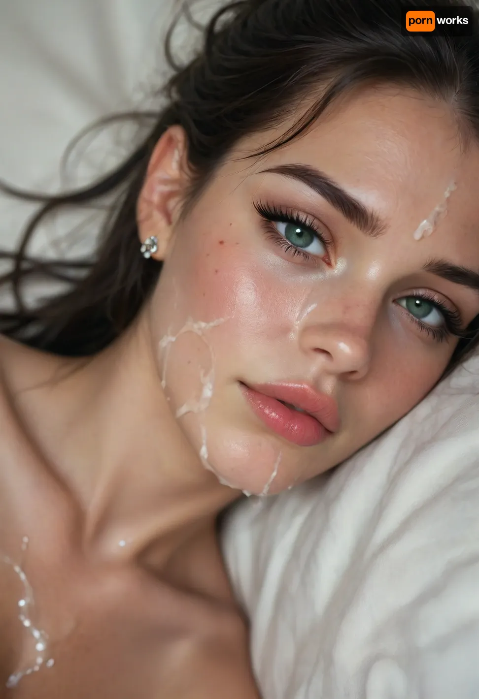 1girl, slavik, 21yo, very tight, insanely hot, very skinny, large breasts, very long black hair, ruined hairstyle, (very long eyelashes:1.3), natural makeup, eyeliner, mascara, eye shadow, mascara tears, big lips, big green eyes, lying on the side on bed in expensive suite, head on the neck, (she is submissive looking at viewer), eye contact, silver jewelry, nude, (excessive cum on face), view from side over her body, close up face, shaved pussy, skin imperfections, <lora:BUT_SDXL_SHS:1.4>, <lora:bombshell_v2:1.1>