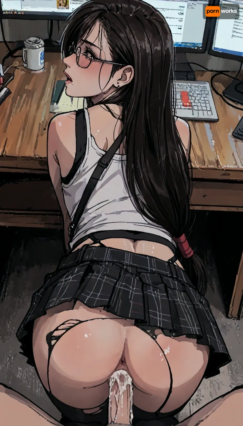 ((markgavatino style)), Masterpiece, Close up view of the most amazing sweet sexy petite tiny asshole being flooded with cum and drooling a lot of cum on a desk, asshoke, ass, anal creampie, cum overflow, mini plaid skirt, upskirt, ripped pantyhose, seductive eye contact, black hair, Asian, Tifa Lockhart, final fantasy, tifa Lockhart cosplay, ponytail, looking over shoulder, glasses, ratatatat74, <lora:LCMTurboMix_Euler_A_fix:1.4>, <lora:EnvyBeautyXL02:1>, <lora:mk_Bp Anime_xl:1>, <lora:EnvyAnimeDigitalPaintingXL01:1>, <lora:ratatatat74-000050:1.9>
