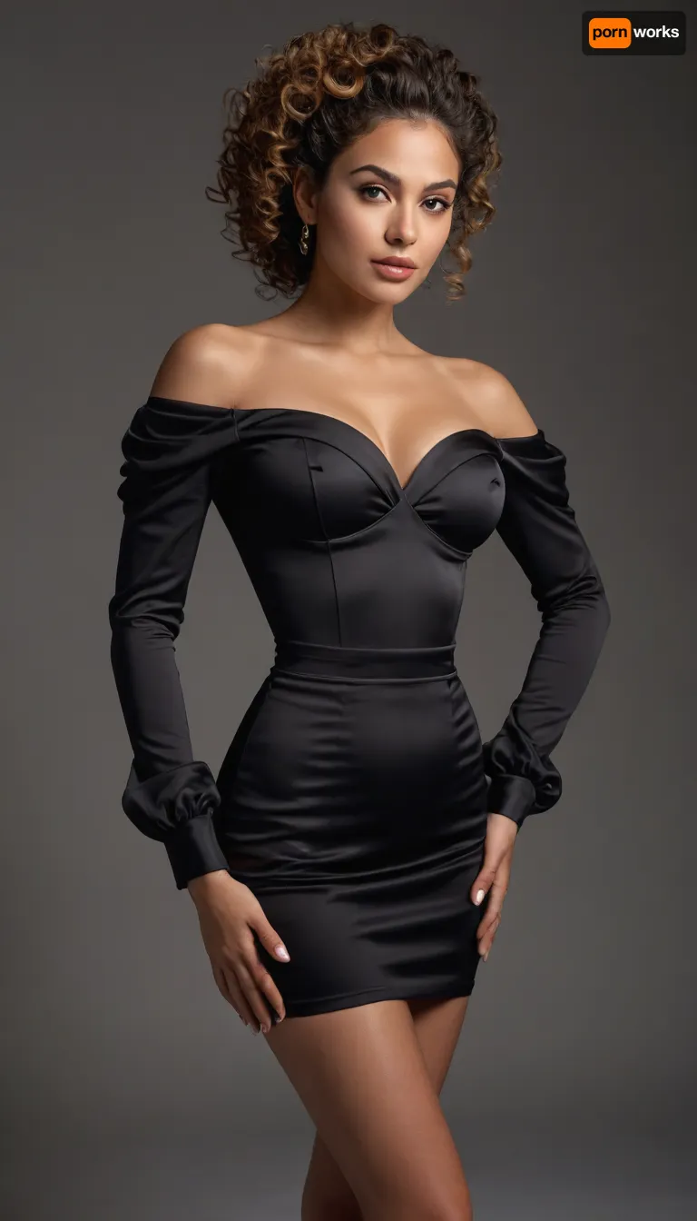 A full-body portrait of a confident 45yo curvy tall woman posing in a studio with a clean light gray background. HAIR, (EXTREME DETAIL), High curly ponytail positioned high on the crown, secured with a dark elastic band. Medium-brown base with warm amber and copper micro-highlights. Curls are tight, uniform ringlets with precise spiral geometry, multidirectional light refraction, gloss-enhanced moisture, high volumetric density, minimal controlled flyaways for realism. Sleek, brushed-up crown section with tension-lifted root structure and smooth gradient sheen.

OUTFIT, She wears a luxurious satin fitted black off-shoulder mini dress with long puffed sleeves, a deep sweetheart neckline, and gentle ruching along the waist and skirt. Her legs are crossed slightly in front of each other in a relaxed, elegant pose. Long wavy hair, center part, natural glam makeup, smooth warm-toned skin, subtle highlights. Wearing black ankle-strap high heels. High-resolution fashion photography, soft diffused lighting, crisp details, smooth fabric texture, realistic skin, clean edges, MAKEUP, • Skin, Even, matte-soft finish with microtexture visibility, subtle subsurface scattering, pore-level realism, smooth contour transitions. • Contour/Blush, Warm bronzer sculpting the cheekbones with deep gradient buildup, peach-bronze blush fused seamlessly into contour, no harsh boundaries, soft feathered diffusion. • Eyes, Multi-layer golden-brown shimmer eyeshadow with fine metallic particulate, perfectly blended inner–outer gradient, precise upper eyeliner with invisible feather edge, long curled lashes with individual fiber geometry, lower lashes subtly defined. • Brows, Strong arched brows, individually resolved hair strands, natural density distribution, professionally groomed. • Lips, Berry-rose satin lipstick with subtle hydration sheen, smooth microtexture, accurate specular highlights, crisp and symmetrical lip lines.

LIGHTING / SCENE, High-end beauty lighting array, soft frontal key, faint fill, micro-controlled rim light separation, accurate skin bounce light, smooth shadow roll-off. Neutral gray studio backdrop with soft gradient, zero distractions.

CAMERA / RENDERING, 85mm portrait lens simulation, shallow depth of field, bokeh with clean edge fringing, HDR tonal range, ultra-sharp capture, photorealistic shading, physically accurate reflections, fine-detail preservation, anti-aliasing precision, magazine-grade editorial finish.

MOOD / TONE, Elegant, confident, polished, professional beauty photography aesthetic.

STYLE DIRECTIVES, Hyper-realistic, extreme clarity, anatomical accuracy, high color accuracy, cinematic micro-contrast, controlled specularity, no distortion, zero noise, flawless high-end beauty editorial rendering.