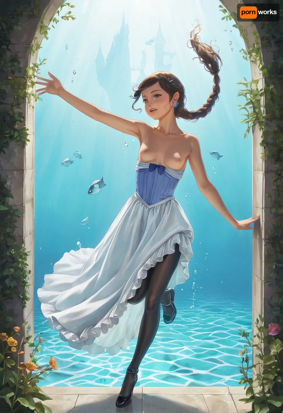 masterpiece, best quality, braided ponytail, photorealistic, 17th century lady, (young woman), (very beautiful), (small natural saggy breasts), deep black skin, curvaceous, Victorian era strapless hoopdress, heaving breasts, exposed breasts, underwater, swimming in the pool of a garden of castle, arched back, raised leg, NEGATIVE_HANDS, hoopdress, (/Ben10), /, (ultra, HD, quality, details), (green, eyes), <lora:bab4d033-acad-4a4e-b6fa-5dda2bad3471.TA_trained:1.7>, <lora:crowd_notrigger:.2>