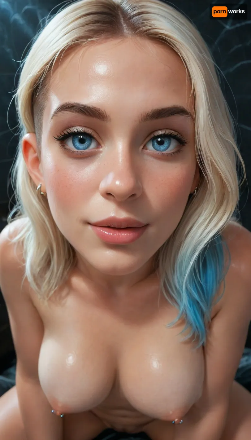 (close-up of her face), (1girl), solo focus, (long hair), (Spider Gwen:1.4), (shaved head), blue highlights, smiling, (pointy breasts), (retrousse tits), (tiny nipples), (black lipstick), (huge bbl ass), (shiny skin), (large breasts), pierced nipples, (shaved pussy), (albino skin:1.3), (perfect mouth), (perfect lips), naked, little pubic hair, (black walls), (bright neon lighting), (close up:1), (reiq:1.3), (incase:1.2), (from above:1), hourglass