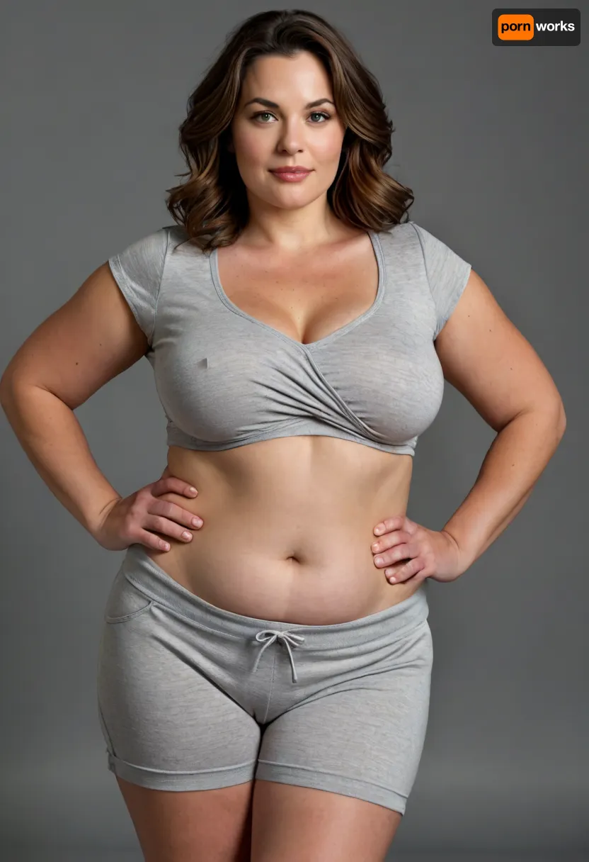 Full figured, Housewife, 45yo, curvaceous, mature woman, white T-shirt, heather grey shorts, fabric impression, subtle contour, faint outline, texture, clothing silhouette, soft material tension, gentle fabric pressure, natural body shape, realistic fabric behavior, thin stretch fabric hugging contours, soft fullness, natural ptosis, relaxed sagging shape, squishy volume, gentle cleavage, rounded abdomen, draped fabric hinting bust shape, side contour bust profile, mature bust realism, torso curvature, plush lower torso, soft contour, gentle fullness across hips, thick shapely thighs, natural softness, complementary stance, soft hourglass silhouette, hips wider than waist, natural body proportions, full rounded hips, outward curve, balanced figure, naturally curvy figure, cinched waist, balanced proportions, ample bust, gentle drape, age-appropriate physique, photorealistic, plus-size figure, tight stretch fabric, natural body shape impression, tasteful outfit, confident stance, natural realism, puffy lips, <lora:style_lora_realis:.8>