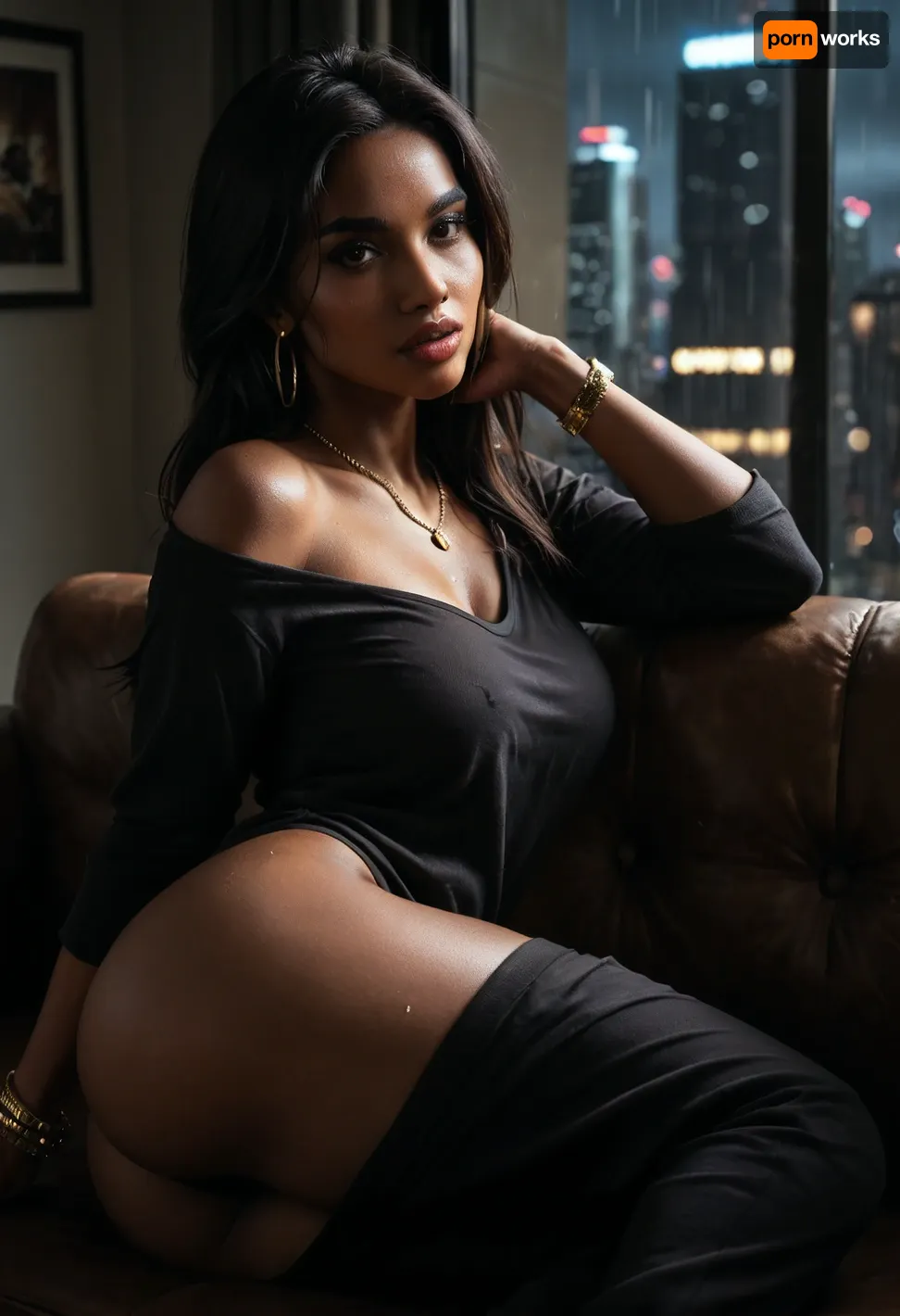 Upper body shot, Masterpiece, Ultra detailed, High res, High resolution, 1girl, solo, (African-American woman), (black woman), with perfect feet, beautiful face, (round shaped face:1.4), (round face), 35 year-old black milf, perfect skin, smooth skin, long black hair, long hair, (perfectly straight hair:1.4), hair down, large red lips, (full lips), (full cheeks), (defined jawline:1.2), perfectly manicured pink fingernails, beautiful, (dark brown eyes), thin arched eyebrows, detailed eyes, detailed hair, detailed lips, gold hoop earrings, gold necklace, gold watch, gold bangles bracelet, (Large DD-cup naturally Perky breasts), (large round ass:1.2), (wide hips), (thick thighs:1.2), (Fully clothed:1.6), (grey sweatpants), (loose dark grey sweatpants), (sweat pants), a loose mid-sleeve black button down linen shirt that is slightly transparent, semi-transparent black shirt, black laced bra, barefoot, Relaxing on a large sectional sofa, laying on her side on comfortable sofa, Modern high-rise apartment interior, New York City skyscraper, nighttime city skyline outside, rain streaking down large windows, deep night darkness beyond the glass, (lights mostly off), low-key moody atmosphere, cinematic style, cool lighting, medium contrast, subtle rim lighting, cool television glow as the primary light source, realistic shadows, cool color grade, filmic lighting, dark, chiaroscuro, low-key, <lora:zavy-cntrst-sdxl:.3>, <lora:dark:.1>