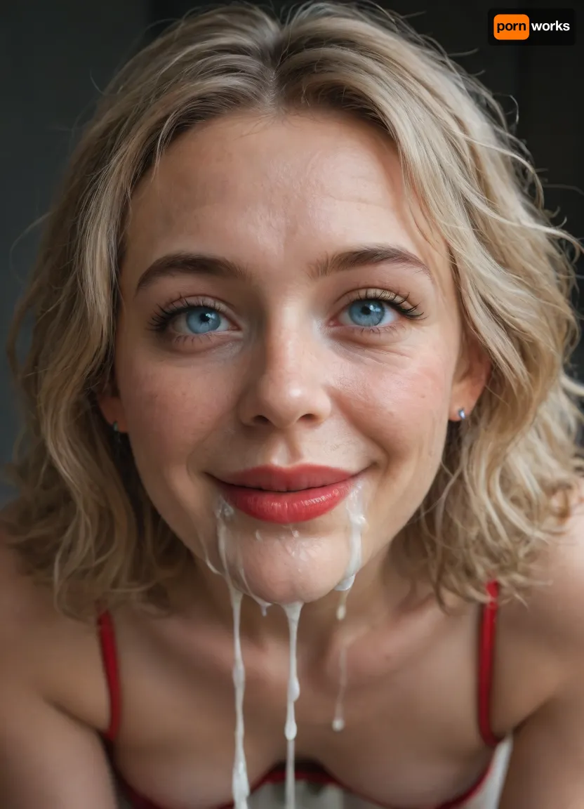 A short fit happy beautiful 30 year old woman with light blonde messy hair, blue eyes, wrinkles around her eyes and mouth, (stringy hair), (wide slutty smile), (round face), thin eyebrows, droopy eyes, (cum dripping down her face:1.4), (dimples), (excessive cum:1.4), small perky breasts, dark red lipstick, wearing red lace lingerie, (milf), giving a man a deepthroat blowjob, (close up on her face), (cum on her glasses), (cum in her hair), (man’s pov), (ass up:1.2)