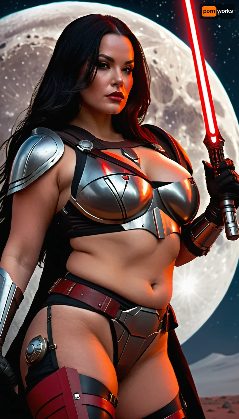 A chubby Mandalorian, (hourglass waist), long black hair, medium breasts, shaved vagina, large and perfect buttocks, wearing revealing sexy black armor, (no bra, no armor panties), with red details, pale white skin on display, on the moon, with a spaceship in the background, wielding a red lightsaber. D&D, fantasy, highly detailed, digital painting, ArtStation, sharp focus, fantasy art, illustration, 8K, in the style of Greg Rutkowski. It is an absolutely magnificent work of art. An aesthetically pleasing piece, with impeccable attention to detail and impressive composition.