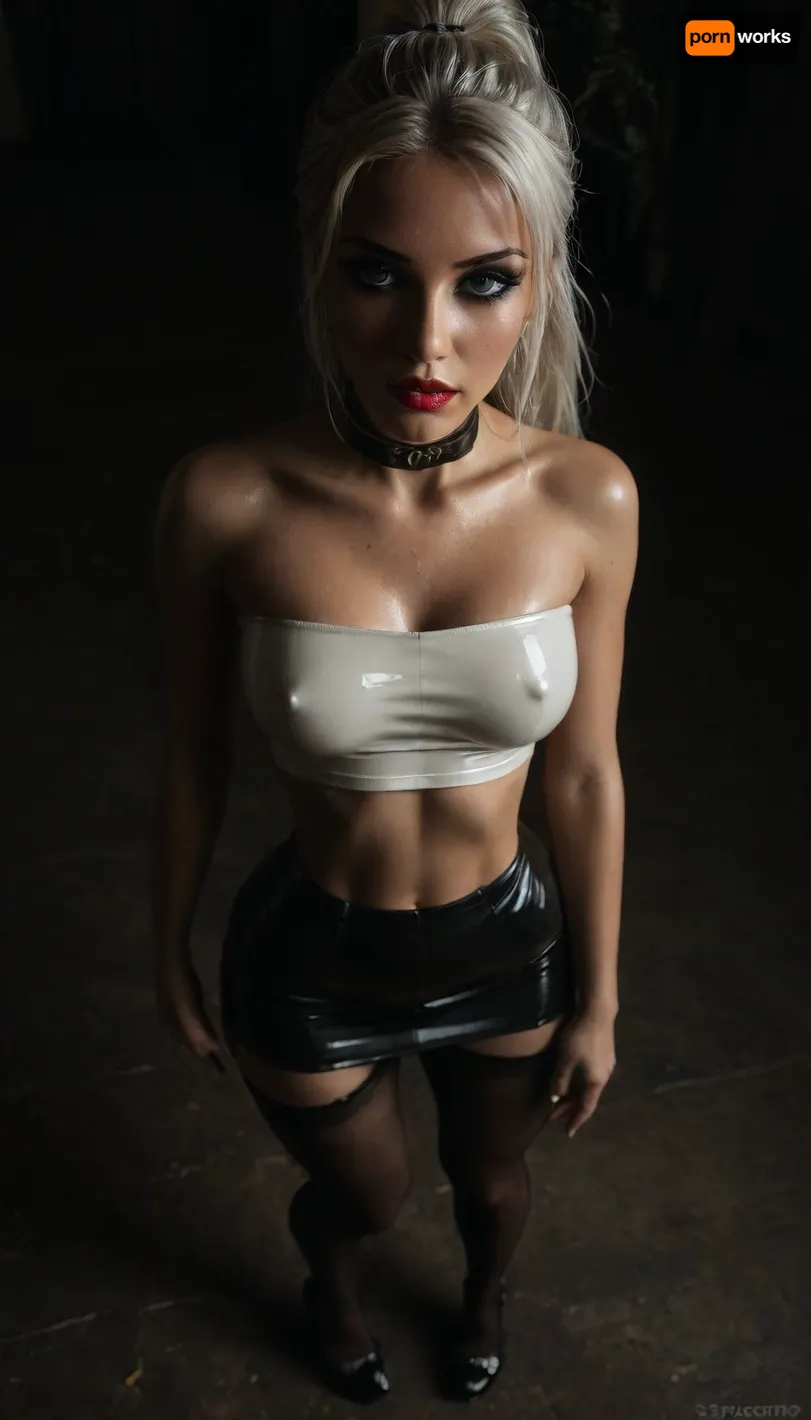 (score_7_up, score_8_up, score_9, 1girl, solo, masterpiece), ((face close-up)), ((standing)), (overhead view, view from above:1.3), (skindentation:1.1), sultry, seductive, seducing, alluring, intimate, sexual, horny, ((long white ponytail hair)), (messy long hair), (white hair:1.5), (black leather micro skirt), (Oiled skin:1.2), (wet skin:1.2), 18yo girl, (athletic skin body), (narrow waist:1.4), ((hip gap)), insatiable, lustful, erotica, irresistible, ziprealism, ((white latex strapless crop top)), erected nipples, black fishnet choker, (platform high-heels), (black stockings with garters), ((makeup:1.6)), (garters:1), dim light, (mouth wide open), ((light_blue_eyes:1.4)), (black background, chiaroscuro lighting:1), <lora:sunnyrayyxo_v1_SDXLBase:.4>, <lora:dark:.6>, <lora:attractive_notrigger:.8>