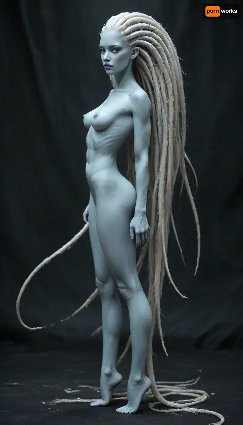 1 sexy femalien posing creepy, (side view), (large thin lips:1.2), (long ornate black silk clothing:1.5), (extremely long tentacle hair:1.3), (platinum hair:1.3), (long thin face:1.2), (blue skin:1.3), (very long thick eyelashes:1.1), (bright teal eyes:1.4), (muscular alien body:1.3), (long legs:1.1), collarbones, (sexy tiny breasts:1.3), (thin waist:1.1), (small nipples:1.2), (bubble butt:1.3), (thick athletic thighs:1.4), (long arms:1.3), (nude:1.3), (full body view:1.3), (perfect face), (perfect eyes:1.3), 8k, spaceship
512/3000, alien, species, futuristic, suit, electalien, artstyle, <lora:alien-species:2>, <lora:Alien_God_V3:2>, <lora:Electric Alien - Trigger is ElectAlien Artstyle:2>