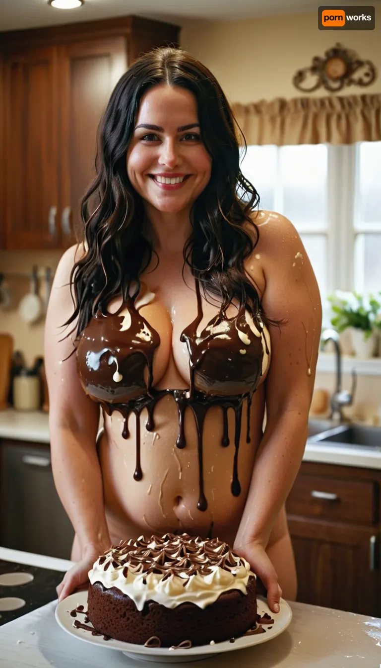 FULL BODY PHOTO, best quality, very high quality, 8K, ULTRA REALISTIC, HD, CINEMATIC IMAGE, Chubby woman, 35 years old, pale white skin, long black hair, waist-length hair, completely naked, in the kitchen, messy kitchen, she is covered in whipped cream and chocolate syrup, finishing decorating the cake, with medium breasts, shaved vagina, smiling, hair combed, holding a large chocolate cake in her hands., <lora:MJ52:.8>, <lora:hair-over-face-01-000007:1>, <lora:SDXLHighDetail_v6-000005:1.1>