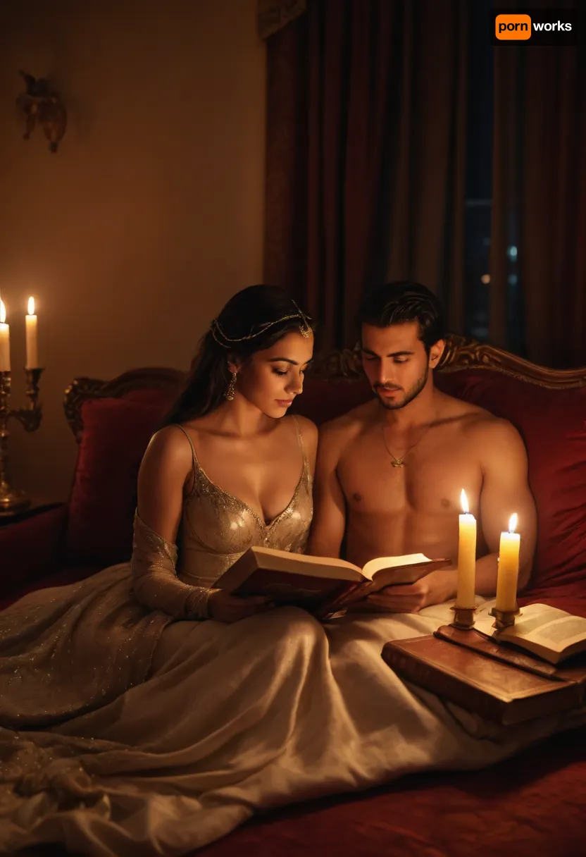 Arabian palace, arabian princess in luxury gown, reading a book to arabian prince sitting on cushion, sensuality, get each other naked, warm lightning, candles, smoke of incense realistic, nightly, sensual atmosphere
