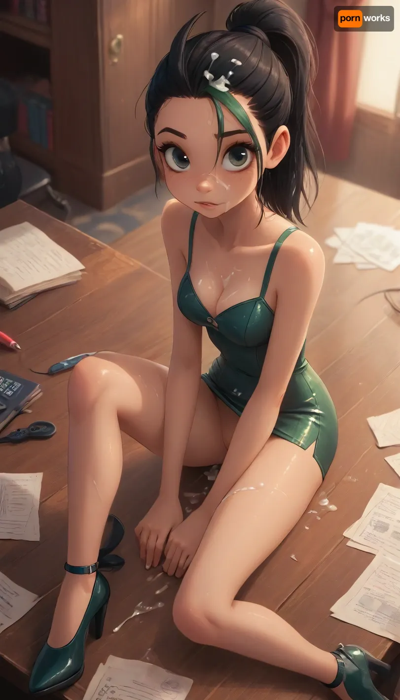 (Jack cayless art style), nemona from pokemon, 1 woman, 30yo, very petite, very tight, (Insanely hot very skinny red hair secretary in office sitting at a desk), (huge silicone boobs), black bun hairdo, (she is submissive, looking at viewer eye contact), (jewelry), (very sexy green latex dress), torn tights, (cleavage, tits out, visible naked tits), (cum on her whole face, cum on cleavage, cum on clothes, view from distance, view from above, whole body in view), naked tits, (detailed extremely high heel shoes), shaved pussy, upskirt, bottomless, (view from side, cum on legs, cum on her hair, cum on her face, precum string), skin imperfections, BadX, <lora:add-detail-xl:2>, <lora:princess_xl_v2:.8>, <lora:DetailedEyes_V3:2>, <lora:Animated_Concept:.9>