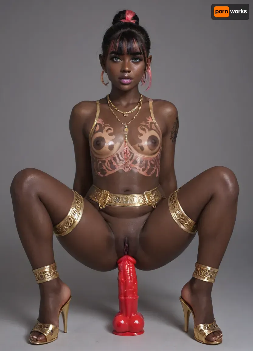 Ultra-realistic, perfect natural skin texture, realistic skin pores, professional photography, best shadow, 8K resolution, UHD, clear image, extremely complex details, ultra-high definition, ultra-sharp textures, full dynamic range, deep contrast, high definition, smooth gradients, full body view, full face, young Nigerian girl, 18 years old., (black skin:2), (hairstyle, straight bangs, ponytail, multicolored hair), (beautiful curvy face, perfect thick lips:1.3), (intricate green eyes), (dark purple lipstick), cute makeup, (legs wide apart, (pussy spread), (red dildo:1.5), curvy face), (perfect small breasts, perfect big ass, thick thighs, chubby body, wide hips), (oiled body:1.5), (perfectly shaved pussy:1.4), (and pink tattoo in the form of a horse on the pubis:1.6), ((perfect purple vagina:1.3)), unkempt pubis, natural pubis, (piercing in a nautical style, African jewelry, gold jewelry, necklace, suspenders on the arms), ((golden garter, leg armor)), artoflips, uoclips, lips, lipstick, art, of, <lora:Art_Of_Lips_PONY_XL_By_UOC:.6>