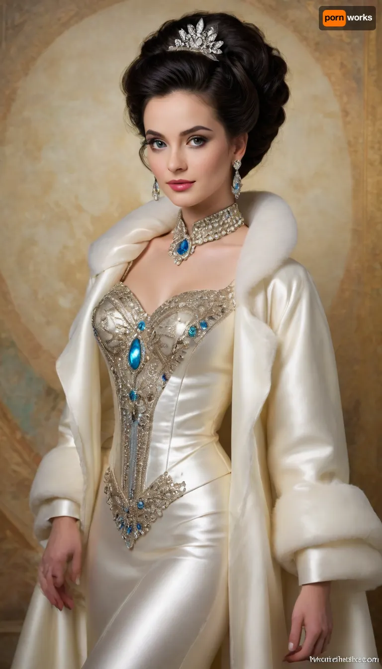 mother-of-pearl pointelligence painting, panel art, on a patterned background of rhinestones, graceful delicate beauty she loves large large sparkling topazes and opal satin, massive large topazes on her neck, thick black hair in a hairstyle, on her shoulders a bolero coat made of voluminous draped organza, in the style of Andre Cohn+Makovsky, on ivory matte background, beautiful, bright lighting, 30mm lens, very gentle