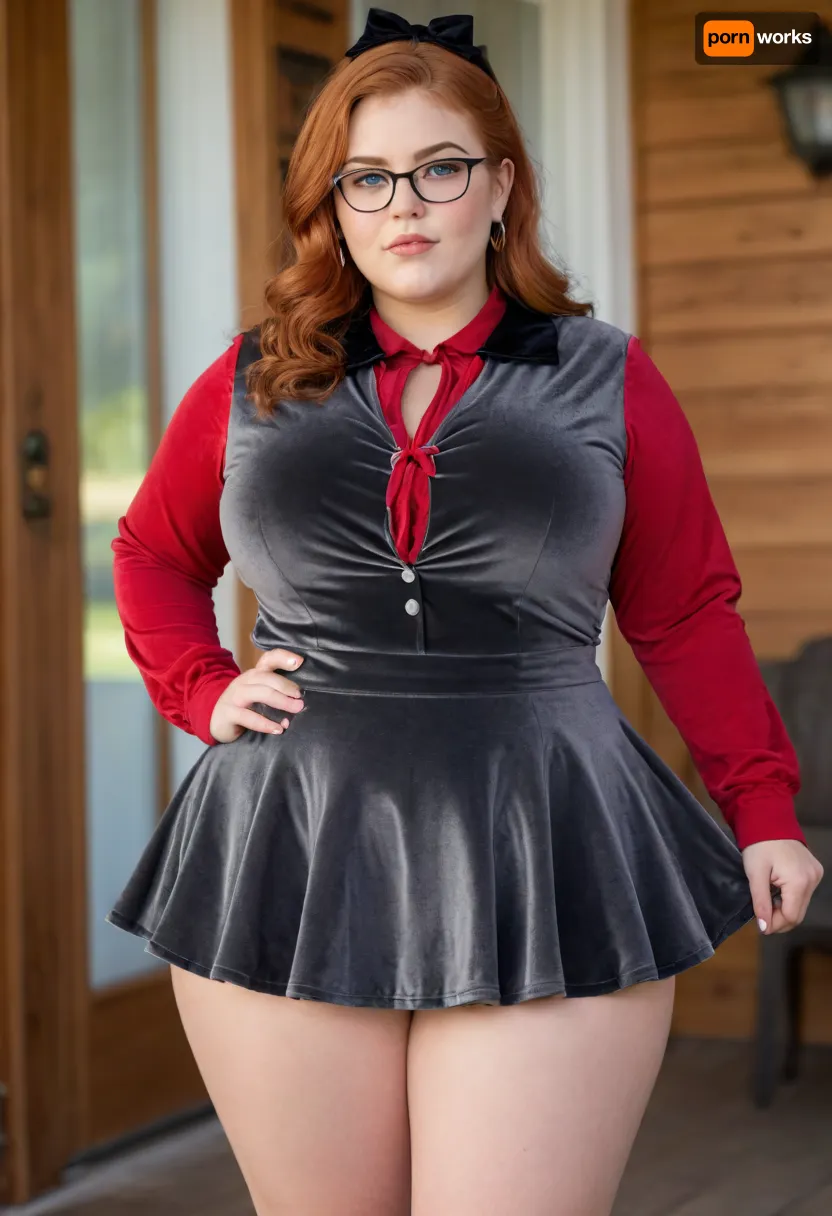 (photo taken on front porch of a wooden house, sunhine:1), (chubby detailed face:1.1), photo shows complete body, dynamic, realistic, perfect lighting, (best shadows), 8K, UHD, clear image, (best lighting), best quality, ultra detail, fine detail, high resolution, 8k wallpaper, masterpiece, lipgloss, one obese female, (European Swedish mom 30 years old:1), ((chubby body with massive tits:1.4)), (((plump, small, petite, height 175 cm, strong legs, fat round ass, autumn, chubby waist, wide hips:1.4))), (detailed green eyes, long wavy red hair, individual hair strands in face:.8), (very detailed face, beautiful, light freckles, tanned skin, full lips), ((wearing a detailed shimmering dark grey velvet skater skirt:1.4), (light red cotton fabric blouse with collar, blouse knotted at the stomach:1.4), detailed high platform shoes, (glasses:1.2), big earrings), chest, big, breasts, huge, gigantic, hips, thighs, wide, thick, plump, belly, female, arms, extra, <lora:Venus_Body_Alpha:.4>