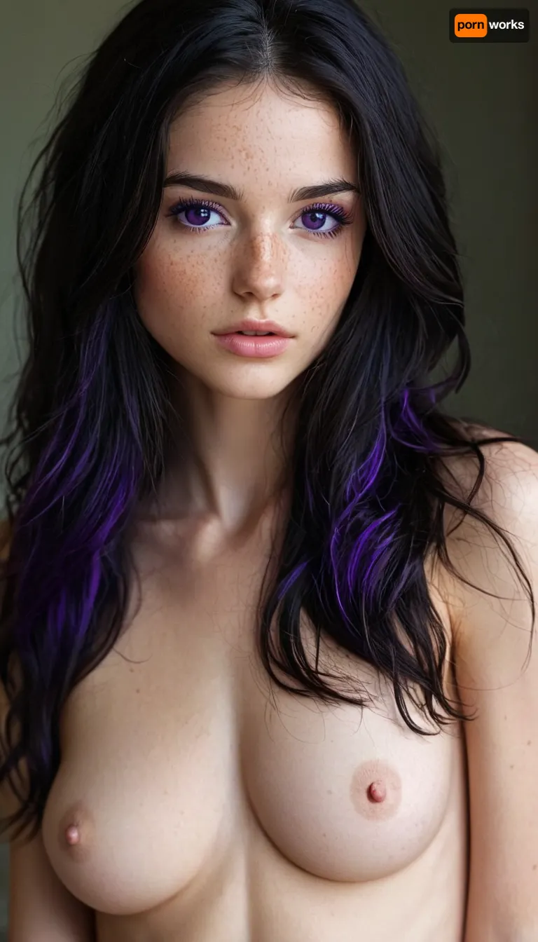 (20 years old woman), full body, long black hair with purple highlight, ((visible perfect boobs)), small breasts, (long legs), perfect face, perfect tits, purple eyes, cute, petite body, slim, fit, (perfect visible pussy), (naked), perfect eyes, beautiful face, fluxenh4nce, freckles, novuschroma69, dual, dichotomy, <lora:MJ52:.3>, <lora:FLUXEnh4nce:.8>, <lora:SdXL_better freckles_epoch_16:.8>, <lora:novuschroma69 dual:2>