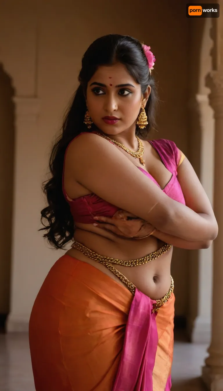 Indian sexy South Indian woman in bondage, in a orange and pink saree, she has chubby curvy hourglass figure, background in a palace with banners, big boobs, she has maroon lipstick, and dark mascara, black necklace going into her cleavage. She has long hair tied in a bun and falling over shoulder, acne scars and marks on face, full body shot, she is having sexy pose seducing. Sexy bride look, thick design gold girdle chain around waist, curvy body, brown skin, Saree, Indian, both hands raised above shoulders and tied up with, <lora:XLSarees1:.7>