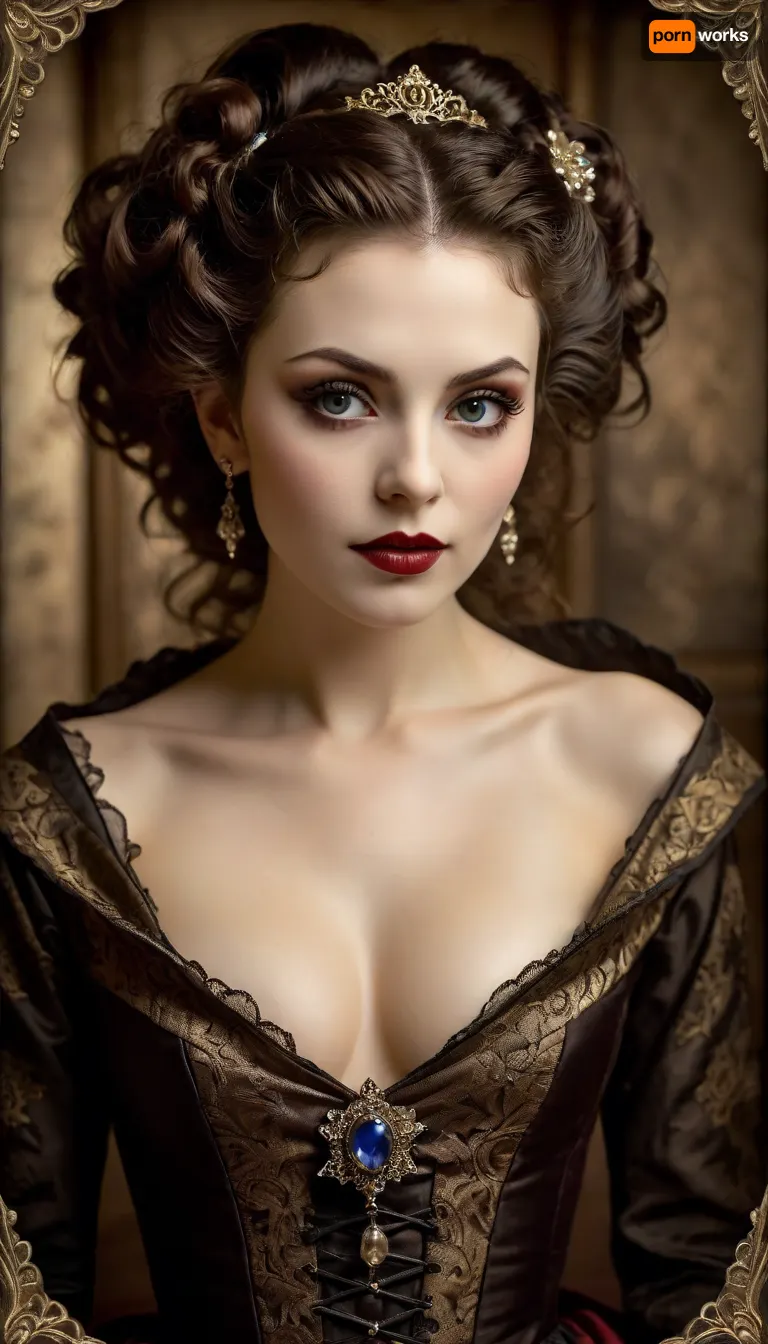 In a hauntingly poetic style, the sepia-toned pinhole macro image depicts an alluring vintage-style vampire that exudes regal charm. The main subject is a mesmerizing vampire depicted in exquisite detail. Reminiscent of a bygone era, this captivating image showcases the timeless elegance of the vampire with her cascading raven-black curls adorned with antique jeweled hairpins. Her porcelain complexion, mottled with fine veins, glows with a soft radiance, and her piercing sapphire eyes., fflix-geisha, <lora:Fflix-Geisha:2>