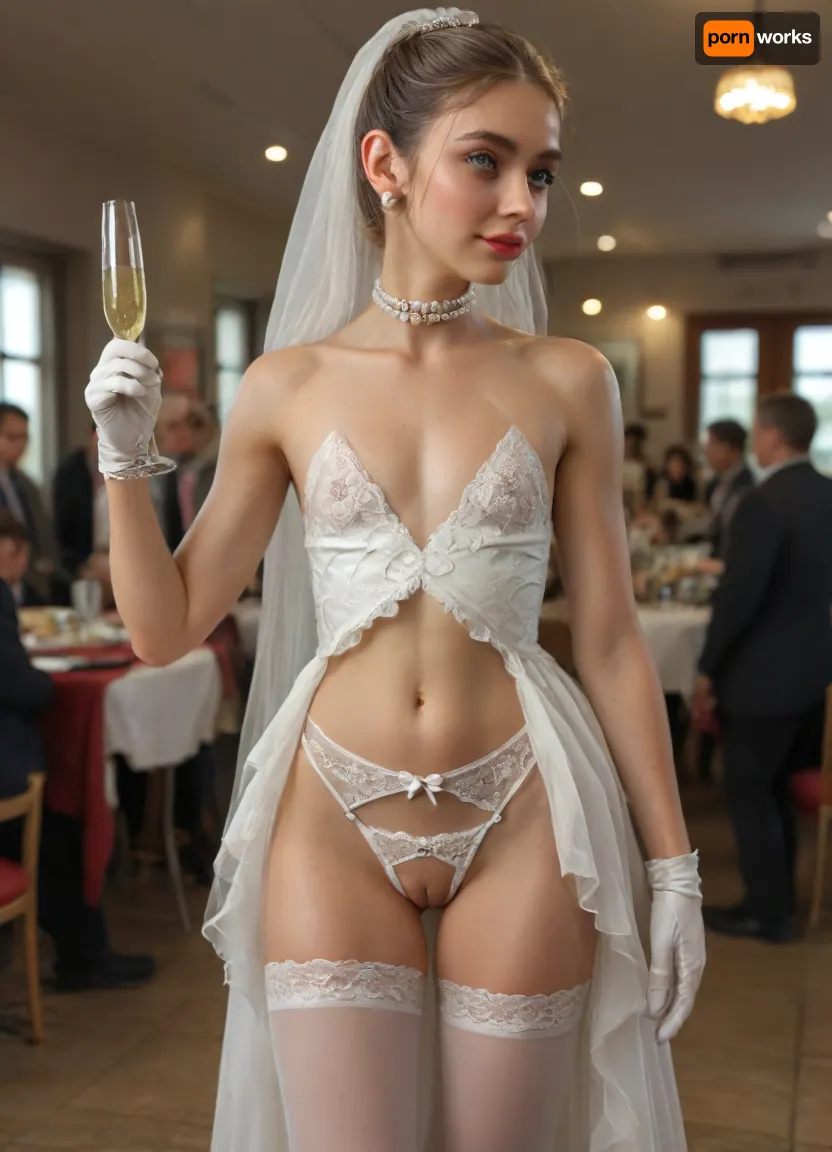 (((Close-up photo))), (short torso:1.6), (flat chested:2.6), bride girl in white veil, view from behind, half-back view, side view, (bride ballerina), (18 years old:1.5), 8k, high quality, masterpiece, best quality, original, flat chested, extremely detailed photo, extremely detailed body, realistic, high resolution, ultra clear, liko, on the background of the restaurant, standing, (complicated blonde ponytail hairstyle:1.2), (big pearls namisto around neck:1.4), (lace white gloves to shoulders), (white stiletto heels), (very boned legs), (((sexy bride's open erotic mini dress))), (((visible puffy small pussy:1.2))), (crotchless panties:1.6), sexy bride, (red lipstick, big red areolas), (long hard erected nipples), (cleavage), (((high white stockings))), (transparent crotchless panties:1.2), (shadow of lite smile), big living blue-violet eyes, boned, skinny, straight parting, ((elegant makeup)), ((skinny)), Uber realistic, ultra detailed, arched back, detailxl, 35mm photograph, film, professional, 4k, 1girl, 5 boys, hdr, photographic, ultra realistic, ultra high details, back light, (front view), (dynamic pose), (dancing in the restaurant as a ballerina), (holding up champagne glass in hand), (many people around), (restaurant background), ((random pose)), ((random view angle)), skinny ass show, sharp focus on pussy, full body view from afar distance, <lora:JustCum:2>, <lora:detailed_notrigger:2>, <lora:add-detail-xl:2>, <lora:CinematicStyle_v1:2>, <lora:MJ52:2>