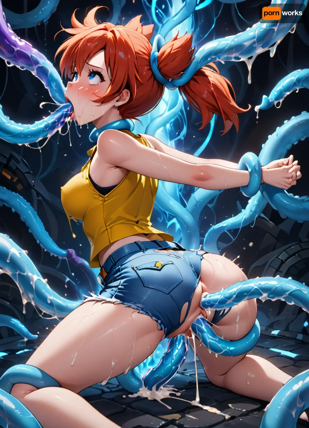 Misty from Pokémon, wearing her classic outfit, 1 girl, on knees, fucked by tentacles, slimy blue tentacles caressing her body, ahegao, glowing blue eyes, cum on back, Arms held back, head held back, ripped clothes, tentai, bukkake, graphic triple penetration, forceful sex, brutal sex, CNC vibes, she is being lifted off the ground, she is floating in the air, violently fucked and ravaged by the tentacles, her body is lifted off the ground, her toes are bare, she is wearing her outfit from the anime, blue denim shorts, yellow shirt, red suspenders, her clothes are being ripped, her ass and vagina are clearly being penetrated, her mouth is being filled with cum too, she has orange / red hair