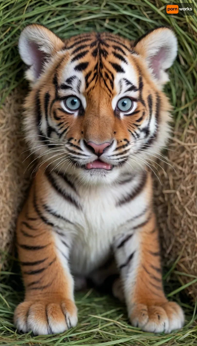 (adorable little tiger cub:1.2), lying playfully on its back, (bright blue eyes:1.1), looking directly at the viewer, soft fur, white belly, orange and black stripes. Composition, (full body shot:1.1), top-down angle, center framing, (isolated subject:1), . Art Style, high detail, photorealistic, natural lighting. Lighting, (soft natural light:1.1), gentle shadows, bright and clear. Colors, Vibrant orange, deep black, pure white, (subtle blue eyes:1.1), (natural green and brown tones of hay:1), . Technical, (sharp focus:1.3), (detailed fur texture:1.2), DSLR photo, studio lighting, professional photography, high resolution, 8k. Environment, (fresh green hay:1.2), rustic background element, (minimal), .